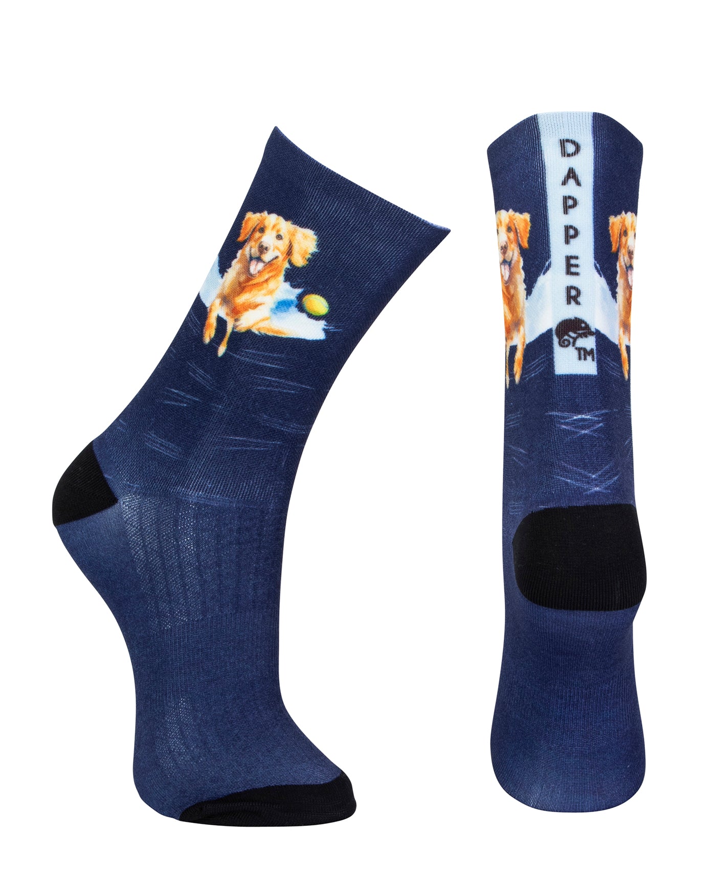 Dark blue seamless toe sock with golden retriever print design and black heel and toe.