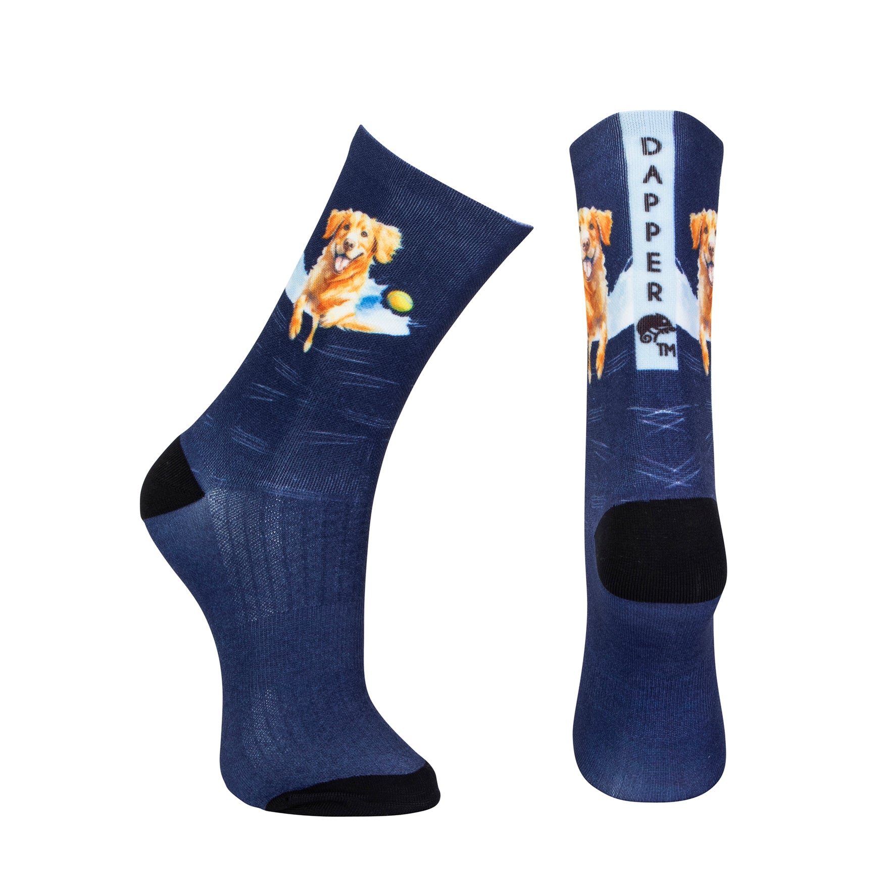 Dark blue seamless toe sock with golden retriever print design and black heel and toe.