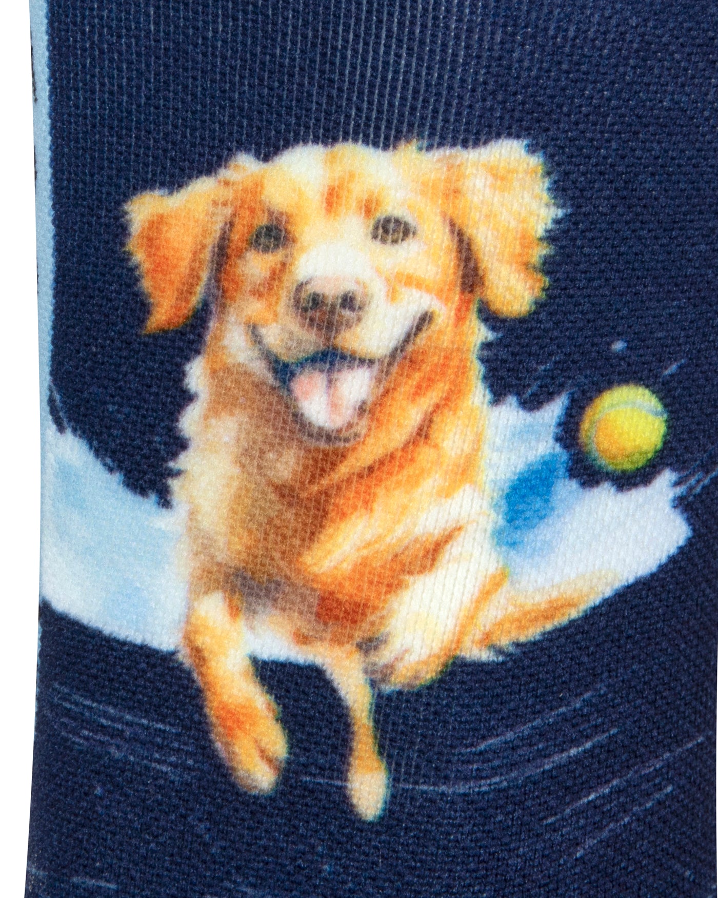 Textured view of a dark blue seamless toe sock with golden retriever print design.