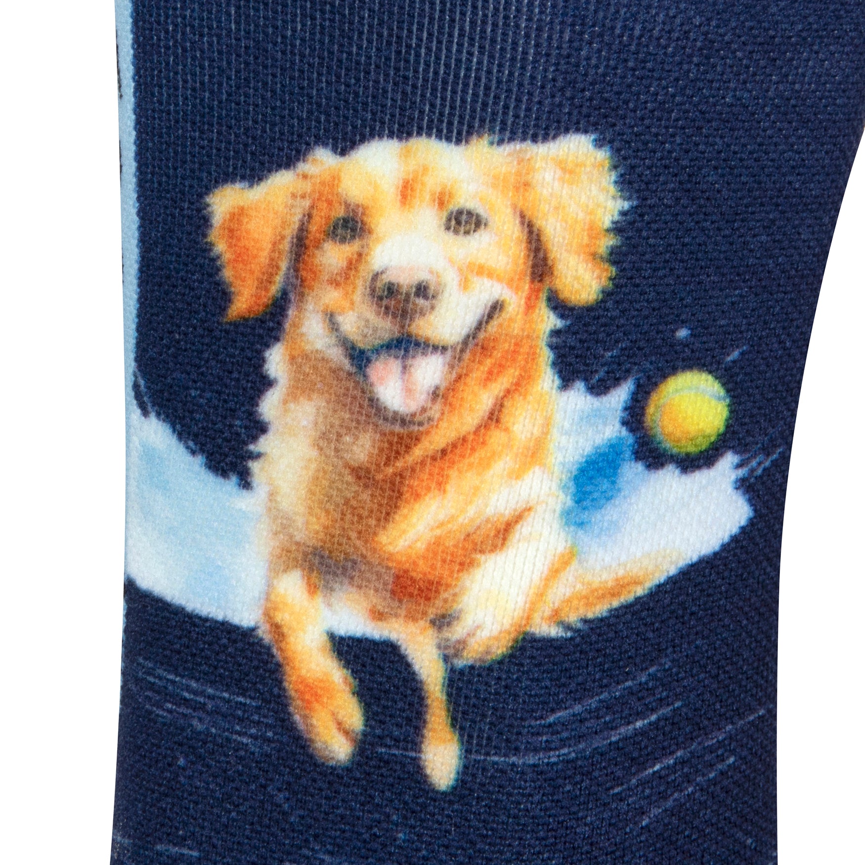 Textured view of a dark blue seamless toe sock with golden retriever print design.