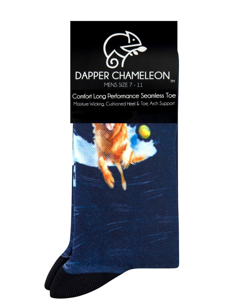 Header card packaging of a dark blue seamless toe sock with golden retriever print design and black heel and toe.