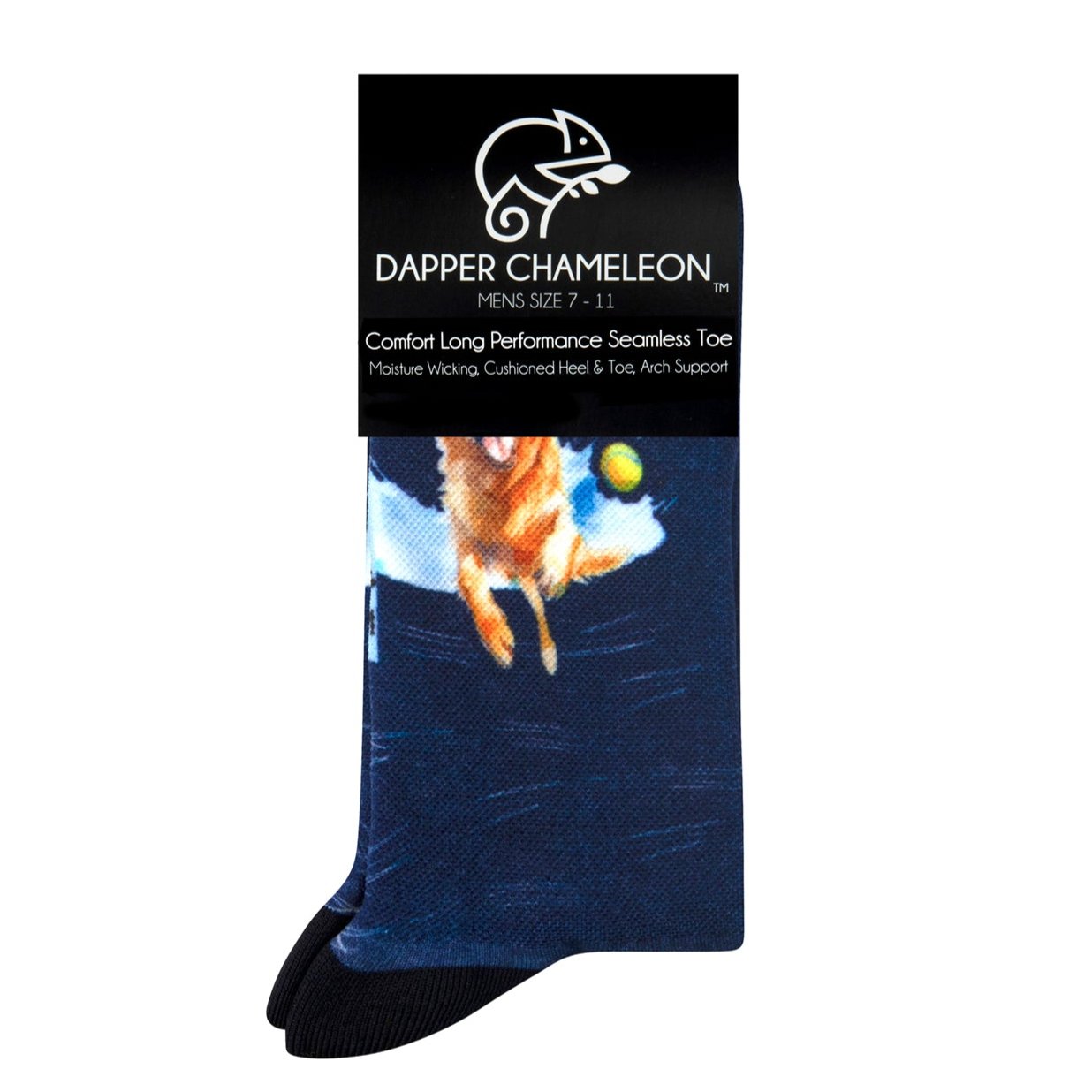 Header card packaging of a dark blue seamless toe sock with golden retriever print design and black heel and toe.