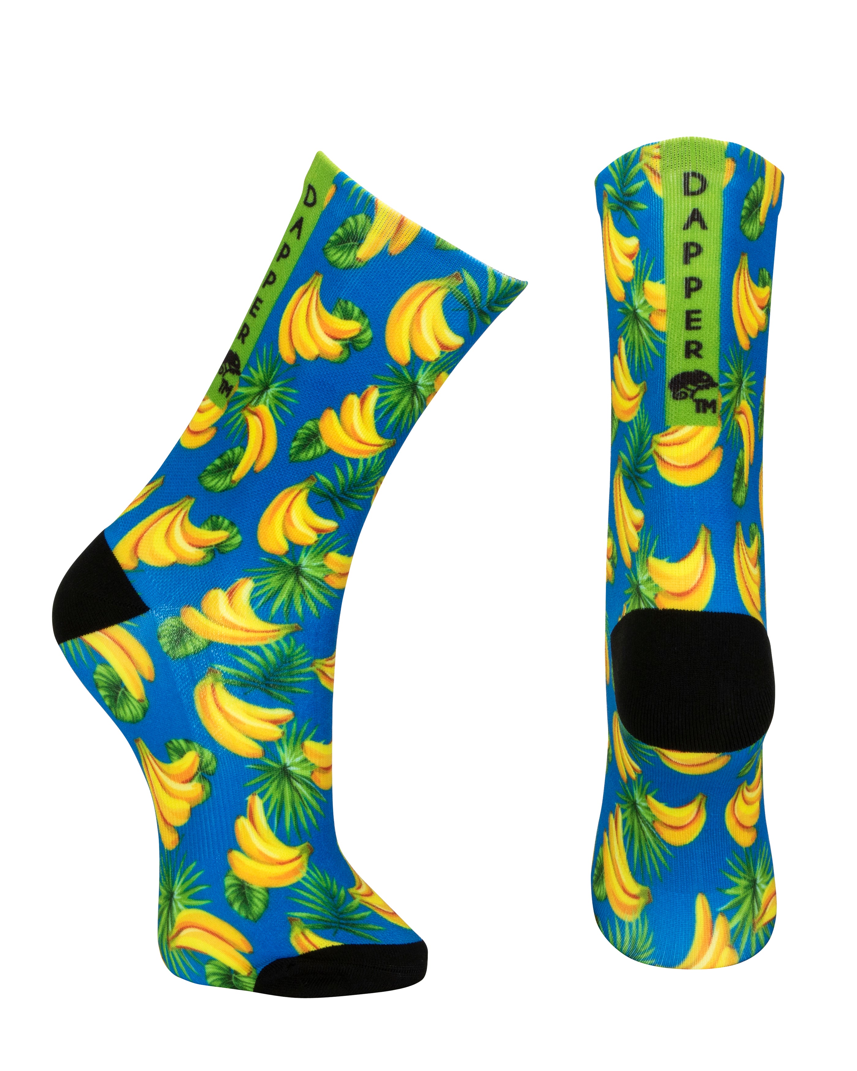 Blue Seamless toe sock with vibrant yellow banana print design with a black heel and toe.