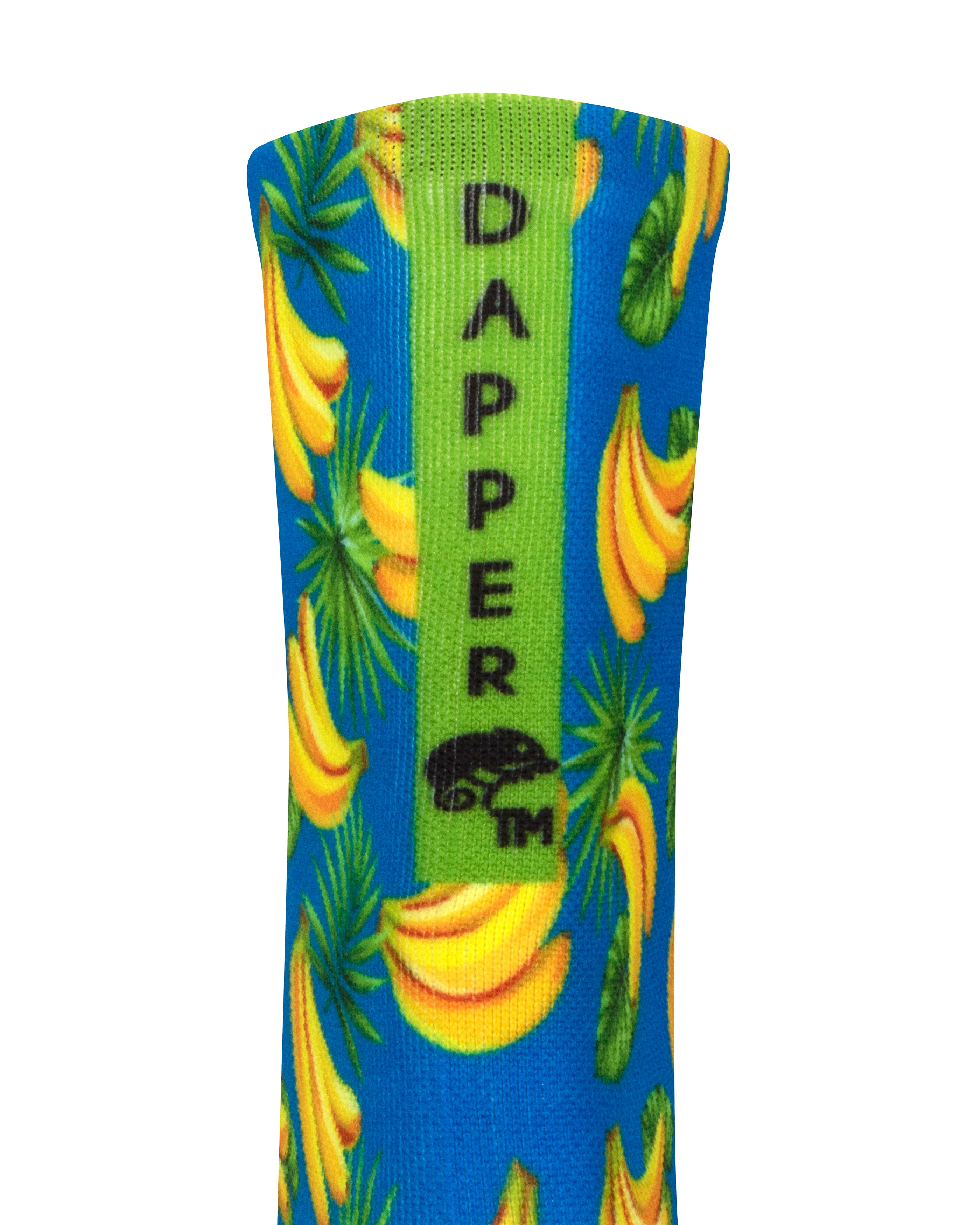 Back view of a blue seamless toe sock with a vibrant yellow banana print design with a bright green strip with Dapper Chameleon wording and logo in black.