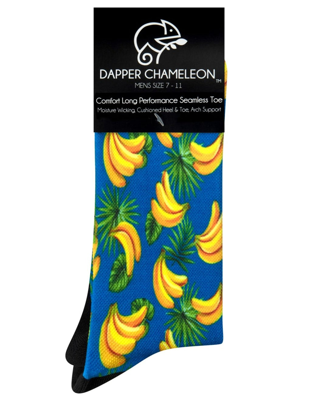 Header card packaging of a blue seamless toe sock with vibrant yellow banana print design with a black heel and toe.