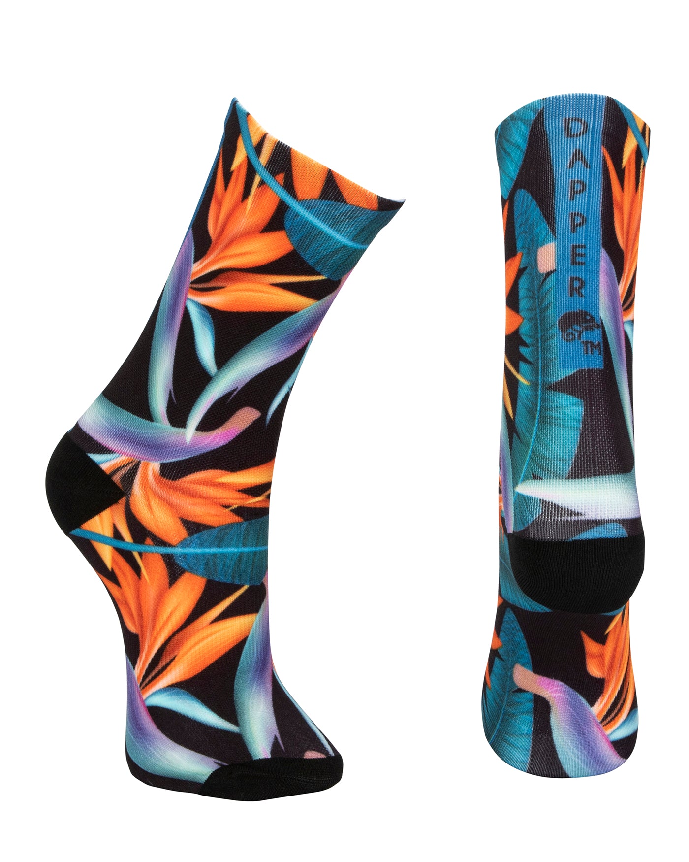 Black seamless toe sock with vibrant green and orange bird of paradise print design with a black heel and toe.