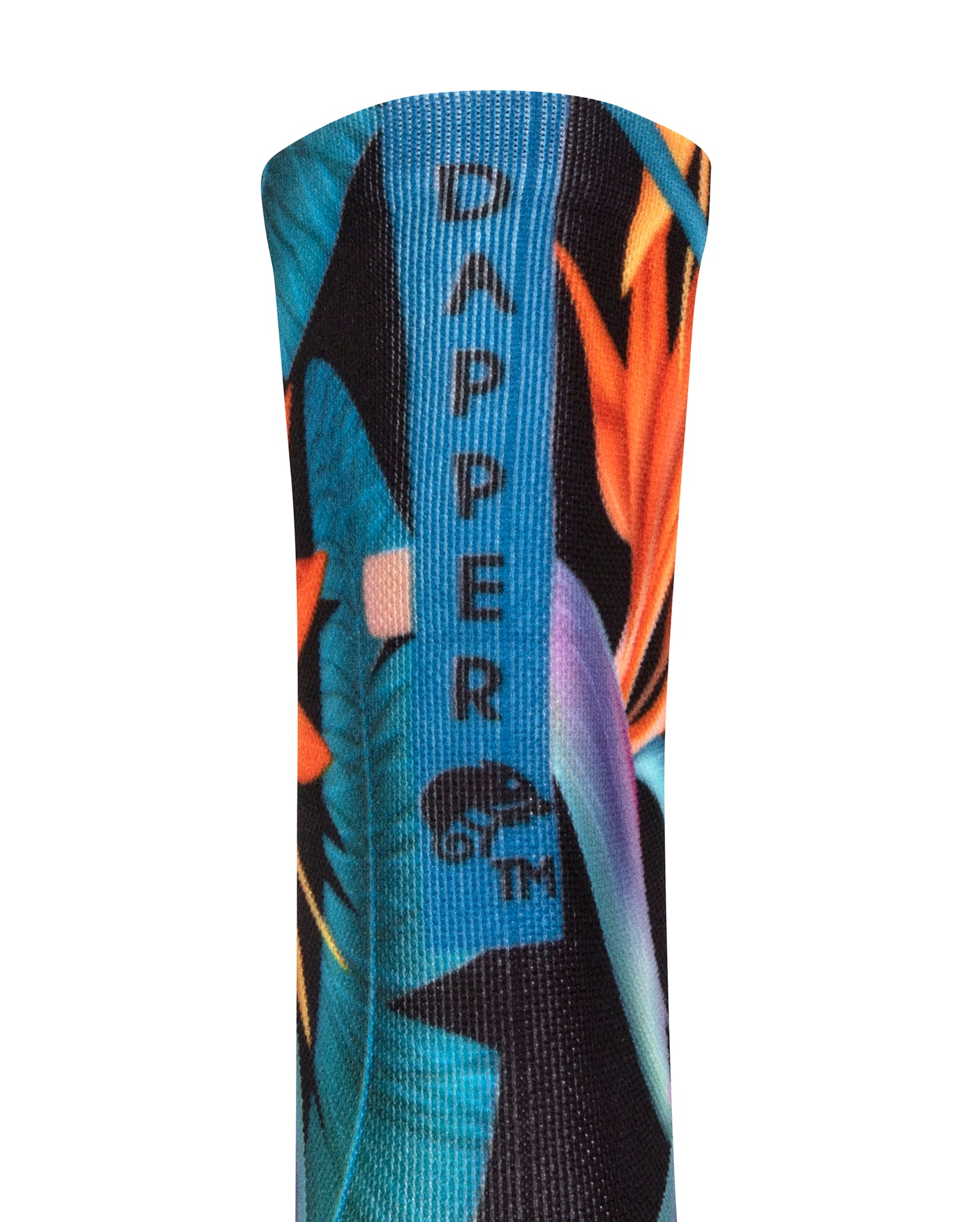 Back view of a Black seamless toe sock with vibrant green and orange bird of paradise print design with a green strip with Dapper Chameleon wording and logo in black.