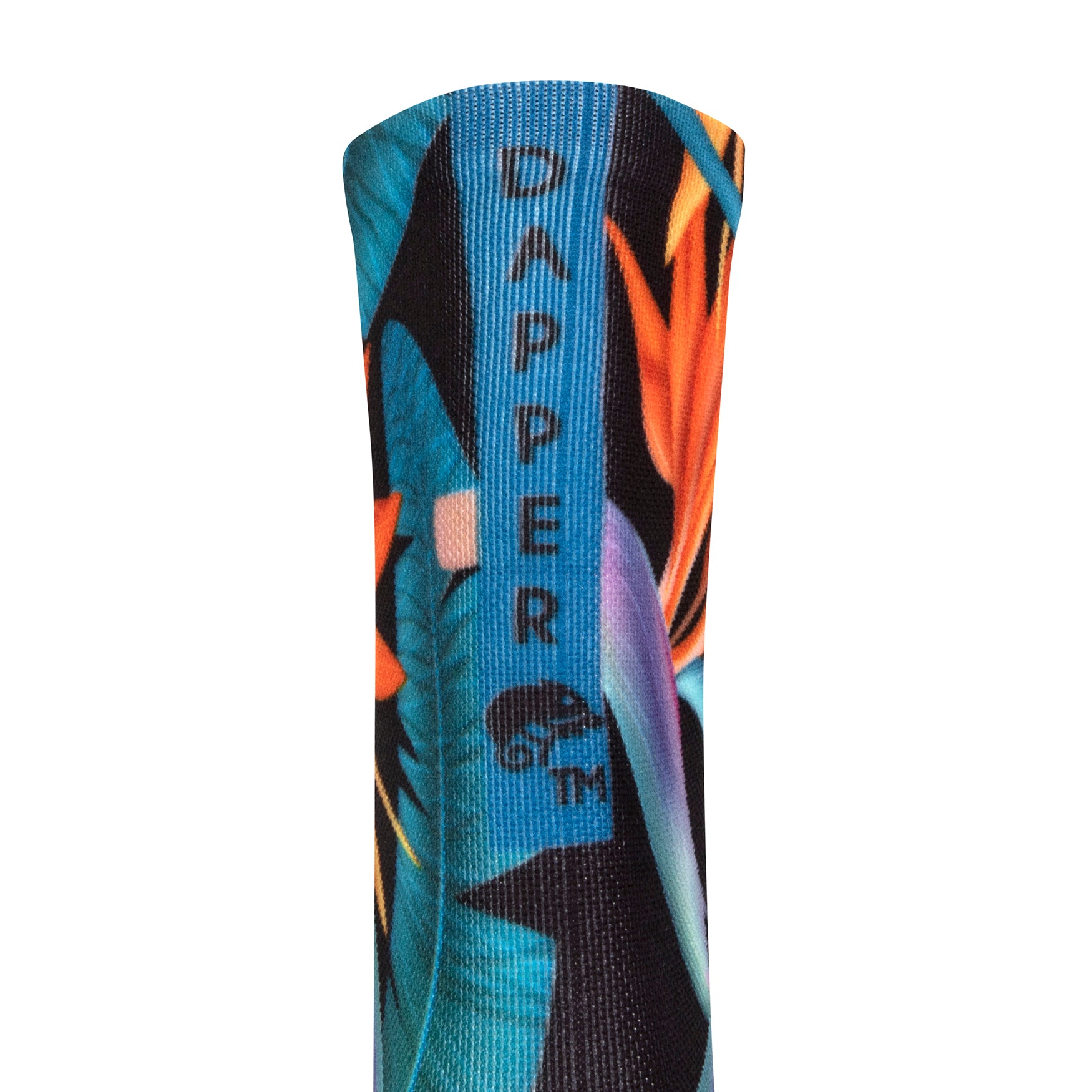 Back view of a Black seamless toe sock with vibrant green and orange bird of paradise print design with a green strip with Dapper Chameleon wording and logo in black.