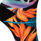 Textured heel view of black seamless toe sock with vibrant green and orange bird of paradise print design and black heel.