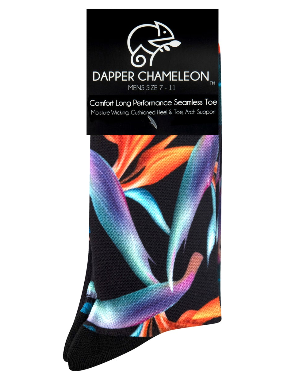 Header card packaging of the Bird of Paradise Bold Active Print Black seamless toe sock with vibrant green and orange bird of paradise print design with a black heel and toe.