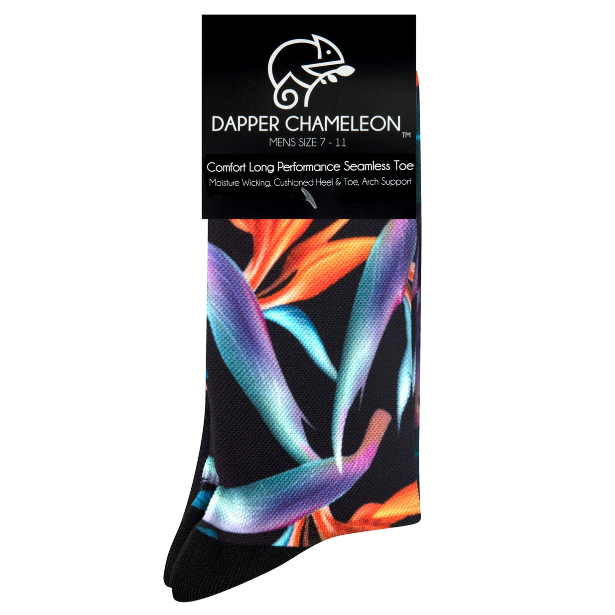 Header card packaging of the Bird of Paradise Bold Active Print Black seamless toe sock with vibrant green and orange bird of paradise print design with a black heel and toe.