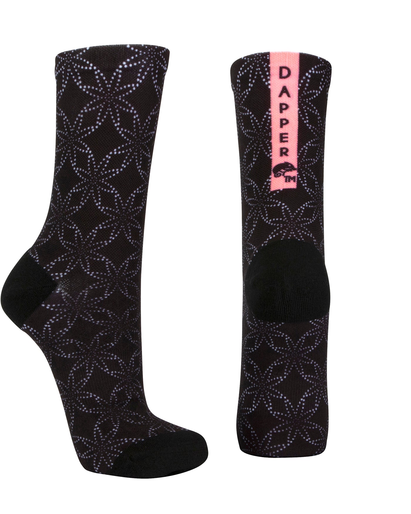 Black seamless toe sock with floral white dot print and black heel and toe.