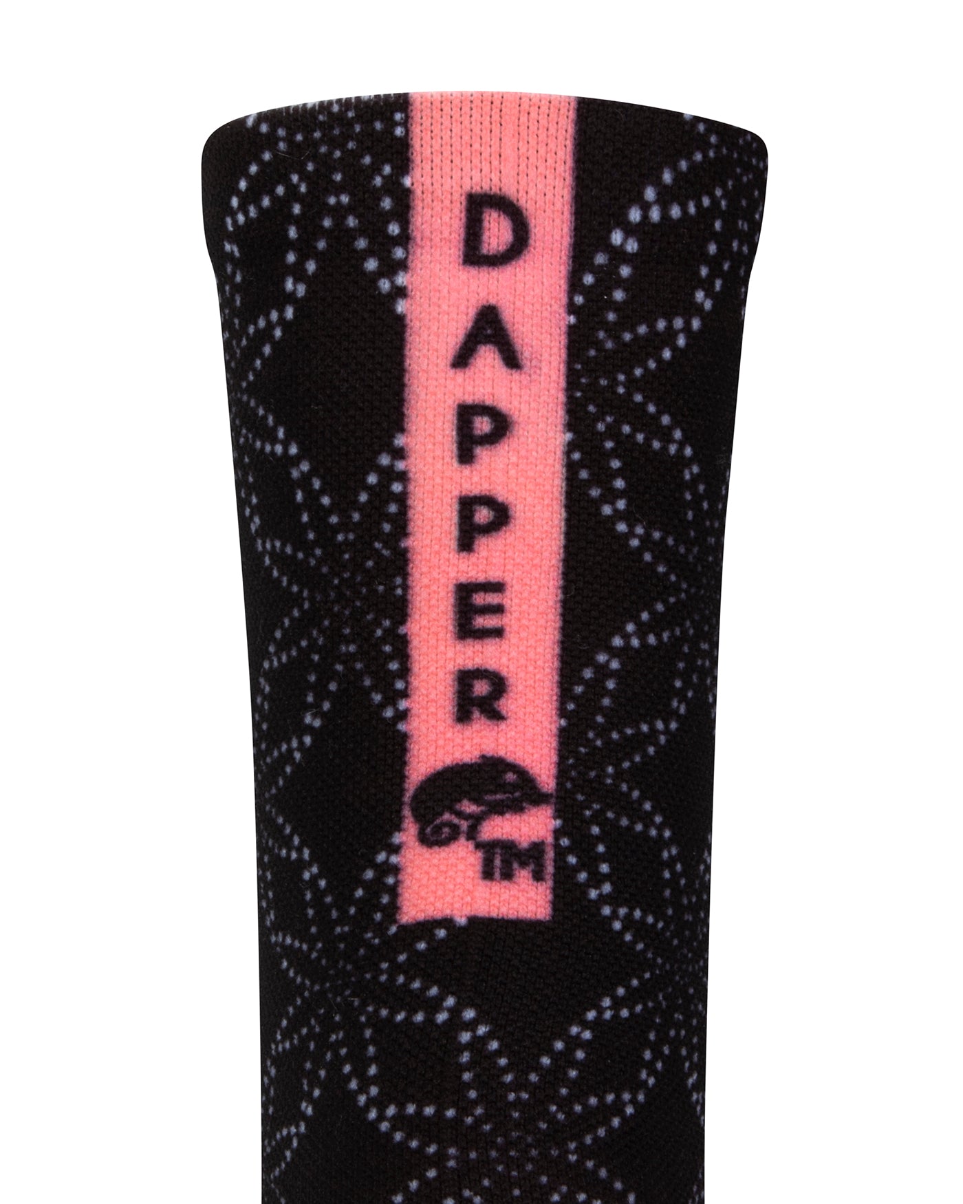 Back view of a Black seamless toe sock with floral white dot print with a pink strip with Dapper Chameleon wording and logo in black.