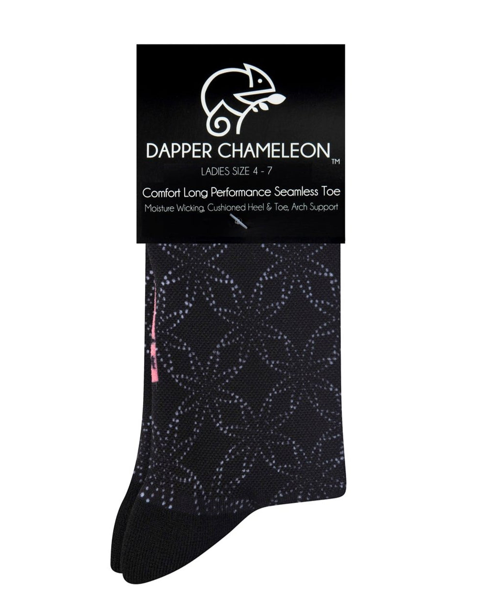 Header card packaging of the Black Floral Dot Bold Active Print black seamless toe sock with floral white dot print and black heel and toe.