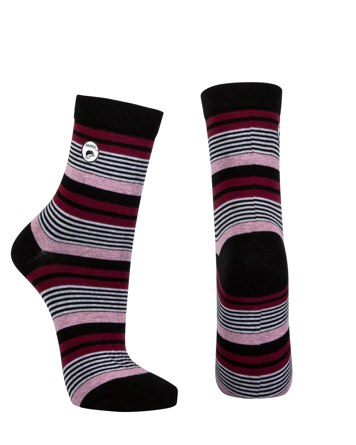 Combed cotton black seamless toe anklet with pink, maroon, black and white stripes with a black heel and toe.