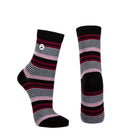 Combed cotton black seamless toe anklet with pink, maroon, black and white stripes with a black heel and toe.