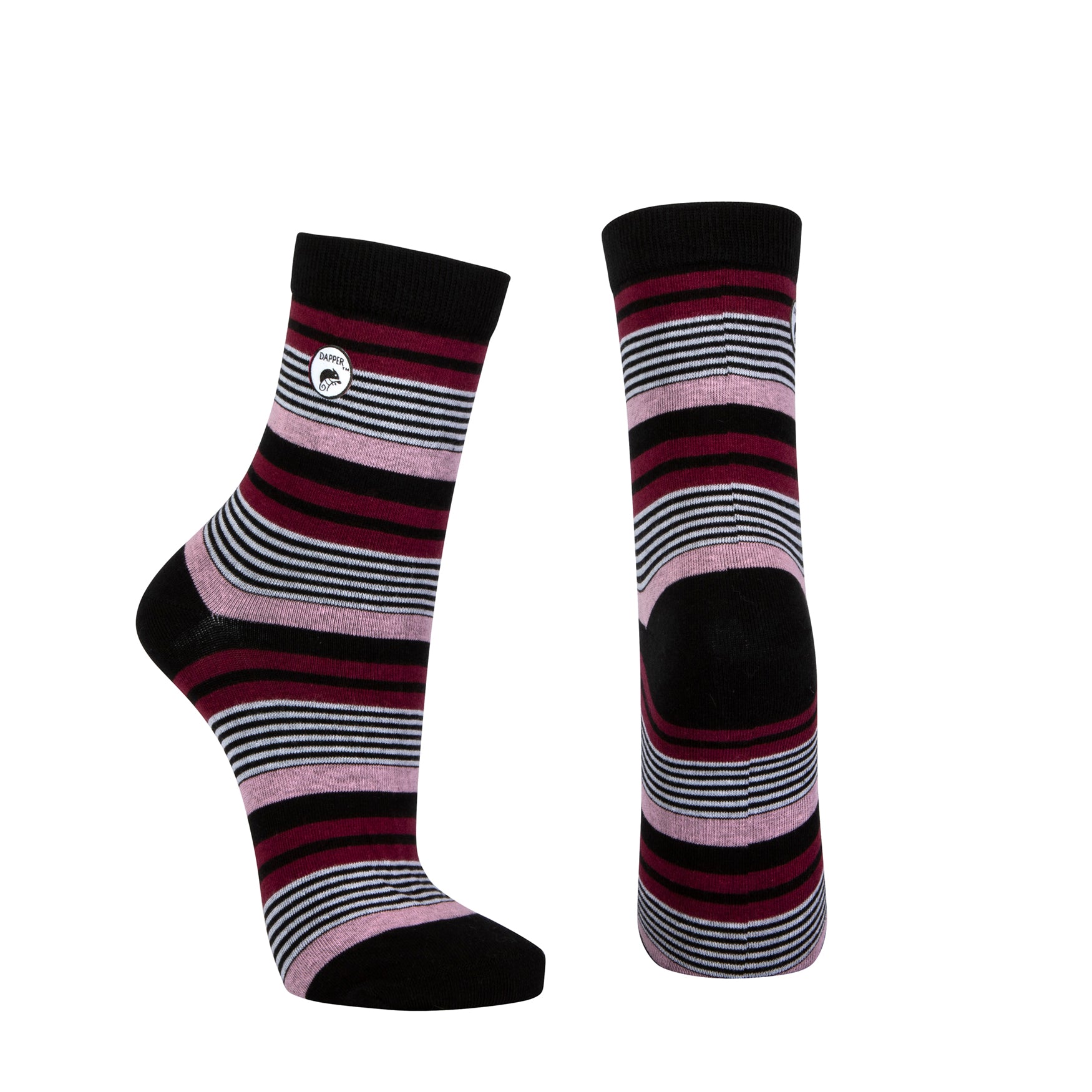 Combed cotton black seamless toe anklet with pink, maroon, black and white stripes with a black heel and toe.