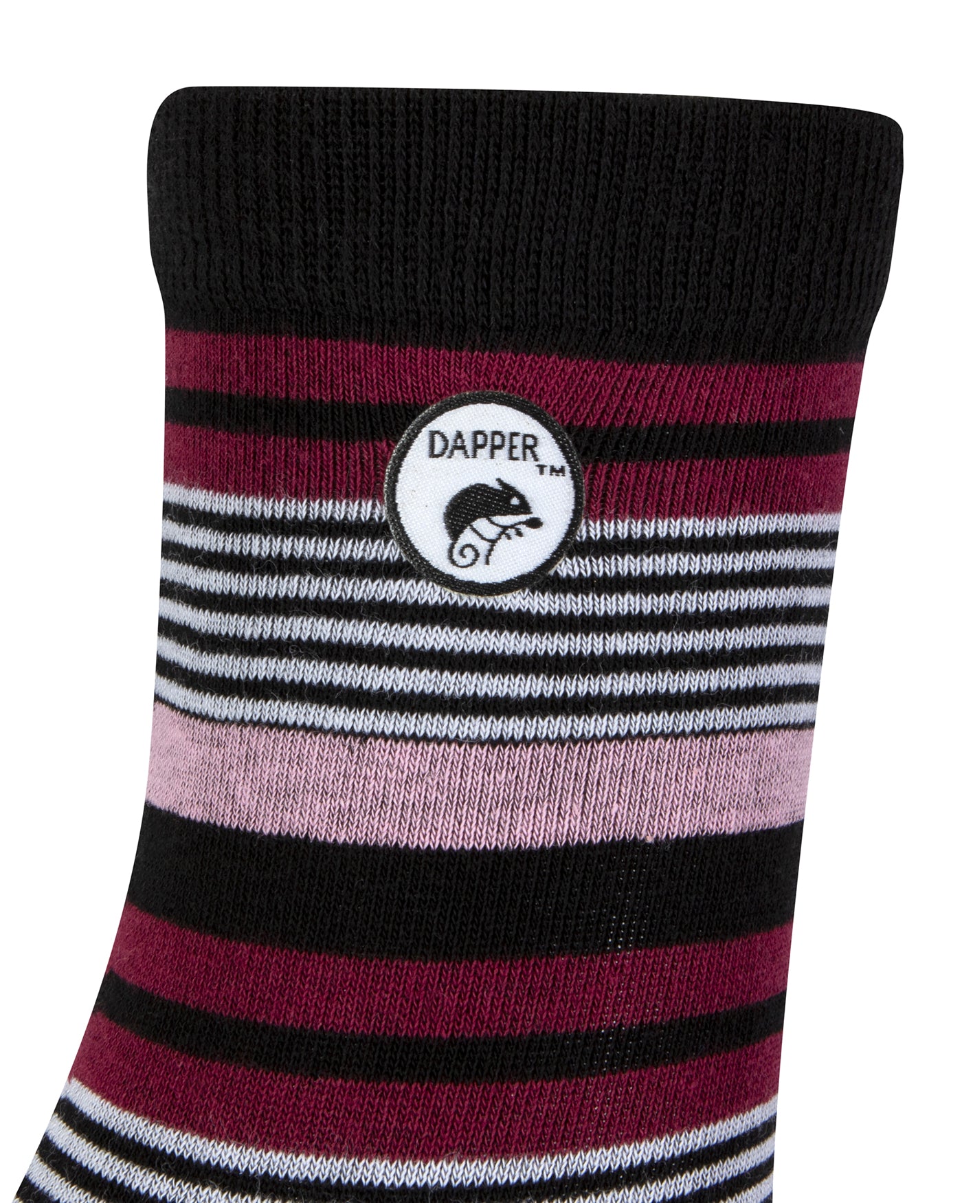 Side view of a combed cotton black seamless toe anklet with pink, maroon, black and white stripes with a black heel and toe with Dapper Chameleon logo.