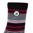 Side view of a combed cotton black seamless toe anklet with pink, maroon, black and white stripes with a black heel and toe with Dapper Chameleon logo.