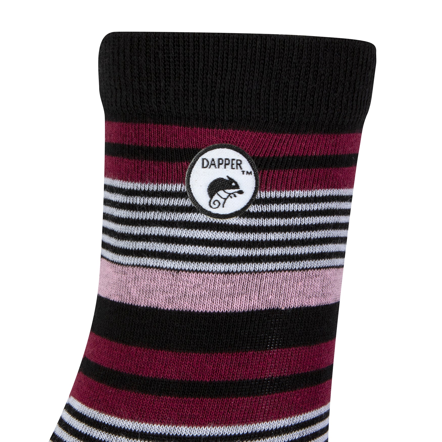 Side view of a combed cotton black seamless toe anklet with pink, maroon, black and white stripes with a black heel and toe with Dapper Chameleon logo.