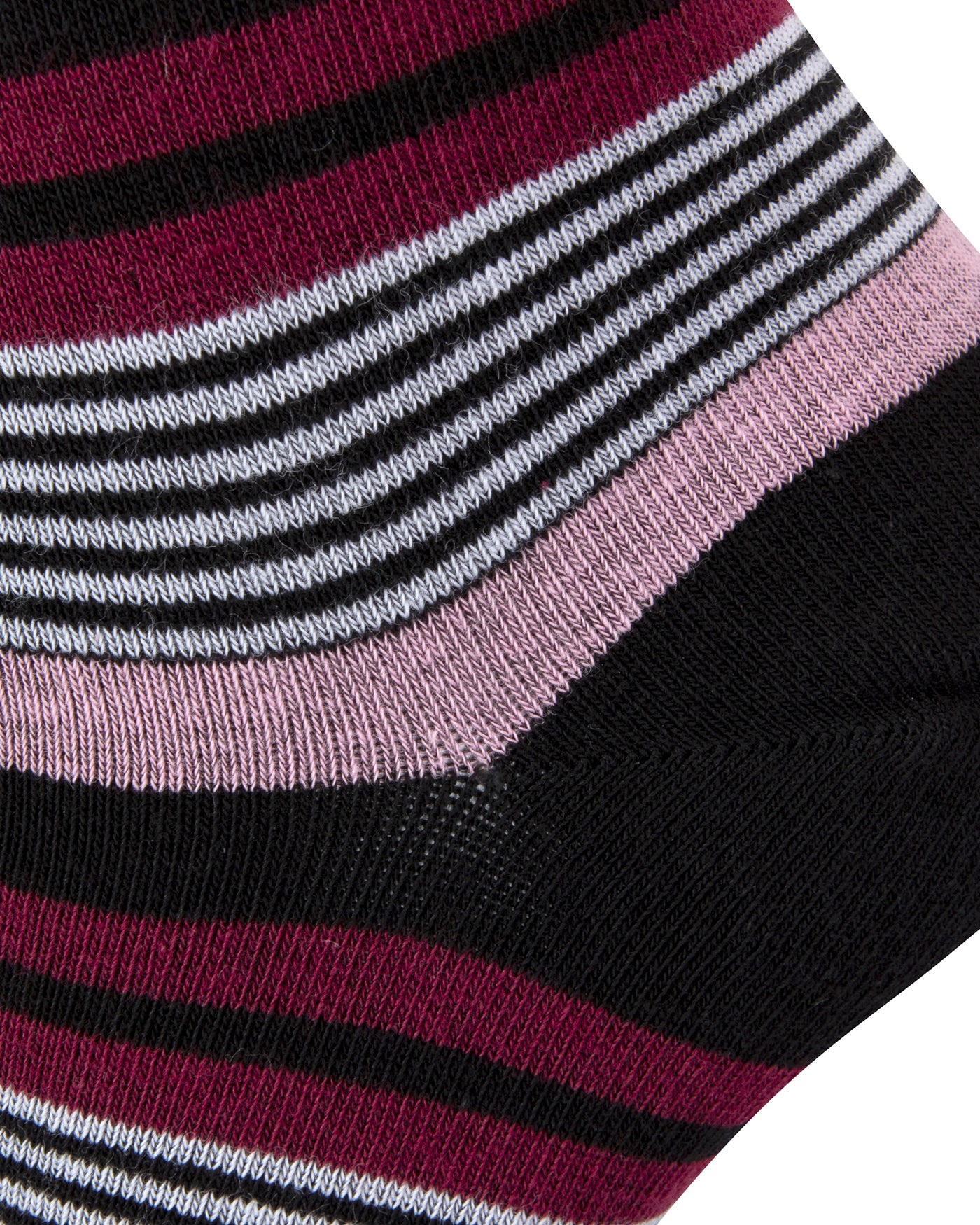 Textured heel view of a combed cotton black seamless toe anklet with pink, maroon, black and white stripes with a black heel.