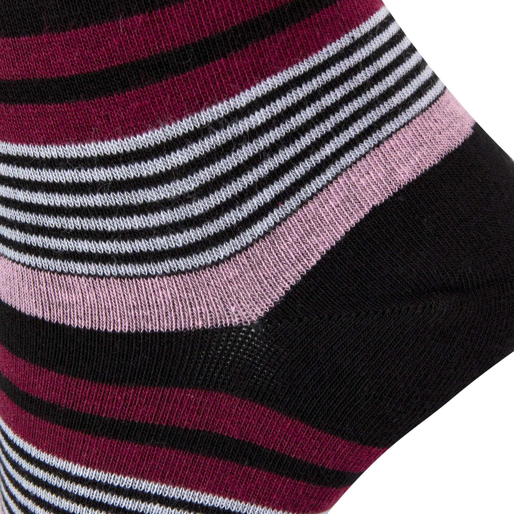Textured heel view of a combed cotton black seamless toe anklet with pink, maroon, black and white stripes with a black heel.