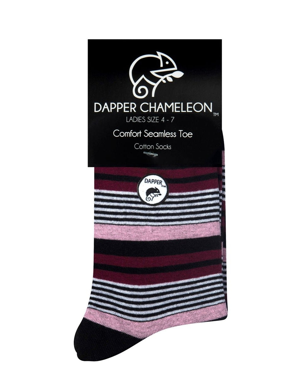 Header card packaging of a combed cotton black seamless toe anklet with pink, maroon, black and white stripes with a black heel and toe.