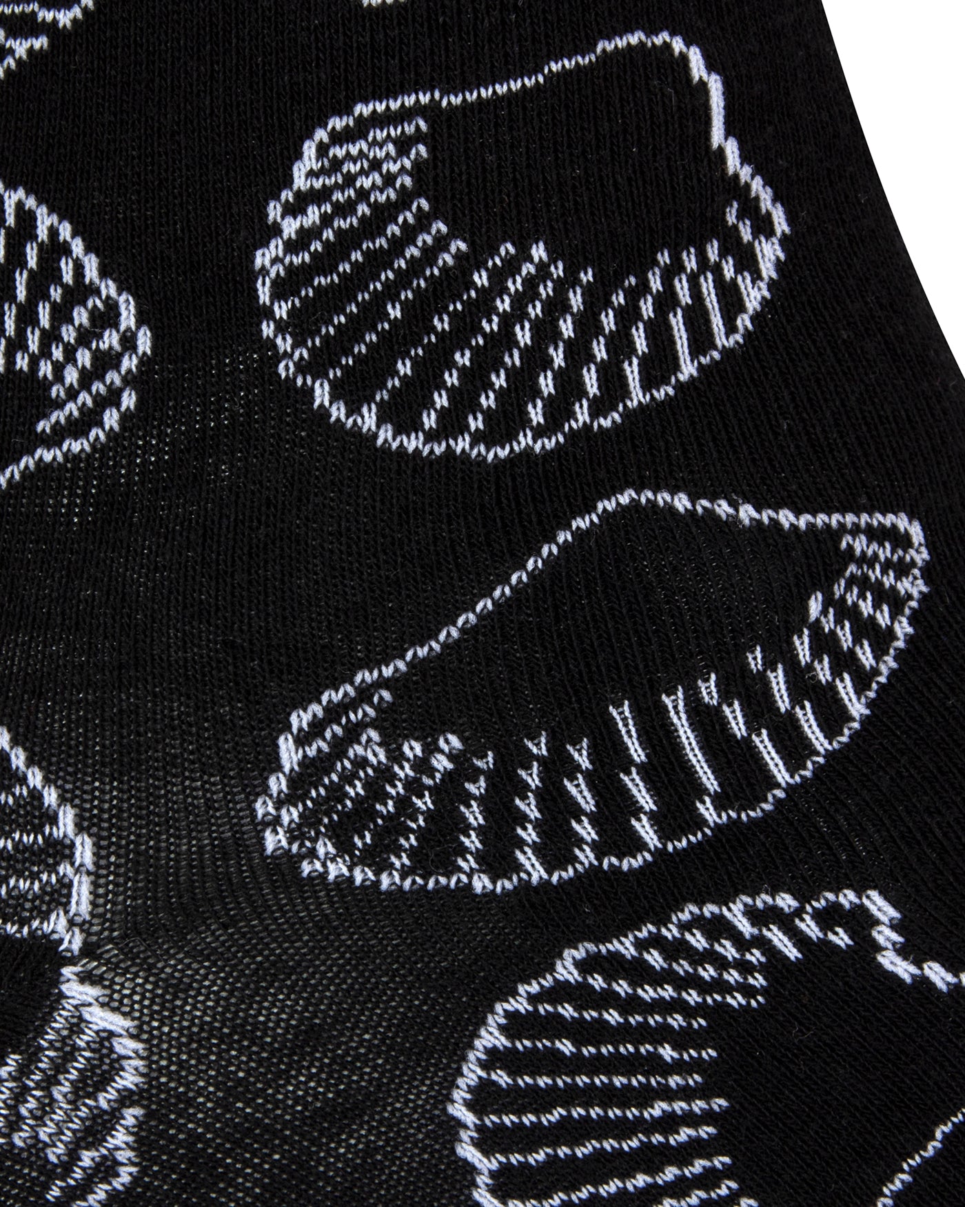 Textured view of a combed cotton black seamless toe anklet with white outlined sea shells.