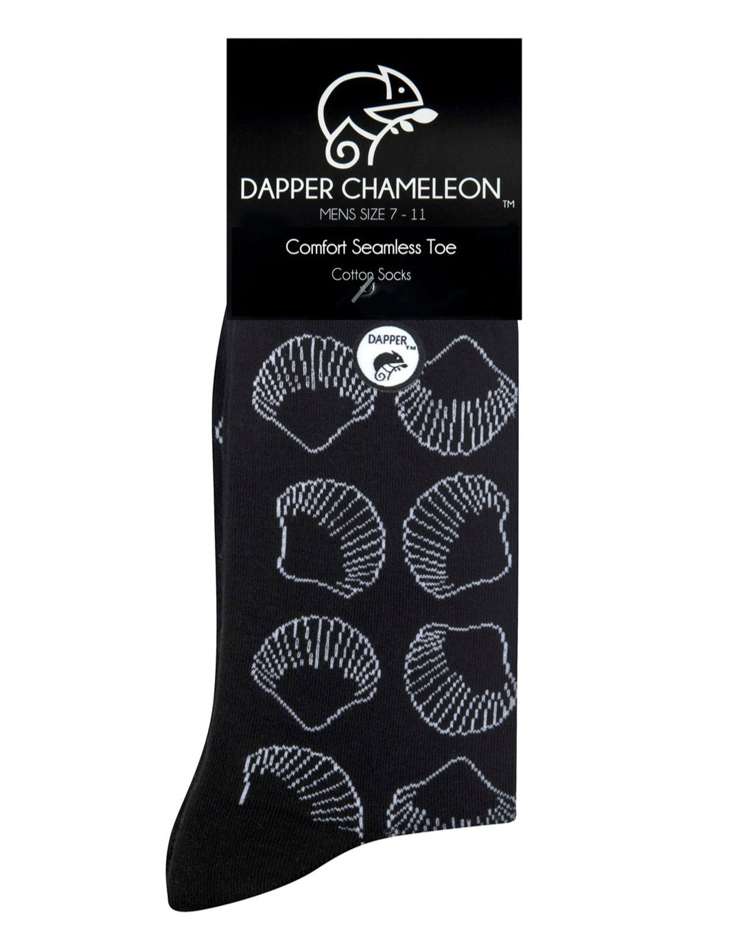 Header card packaging of a combed cotton black seamless toe anklet with white outlined sea shells with a black heel and toe.