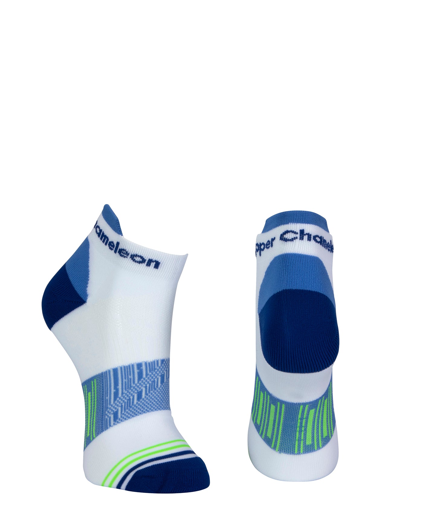 White seamless toe sport sock with blue and neon green stripes with a royal blue cushioned lip, heel and toe.