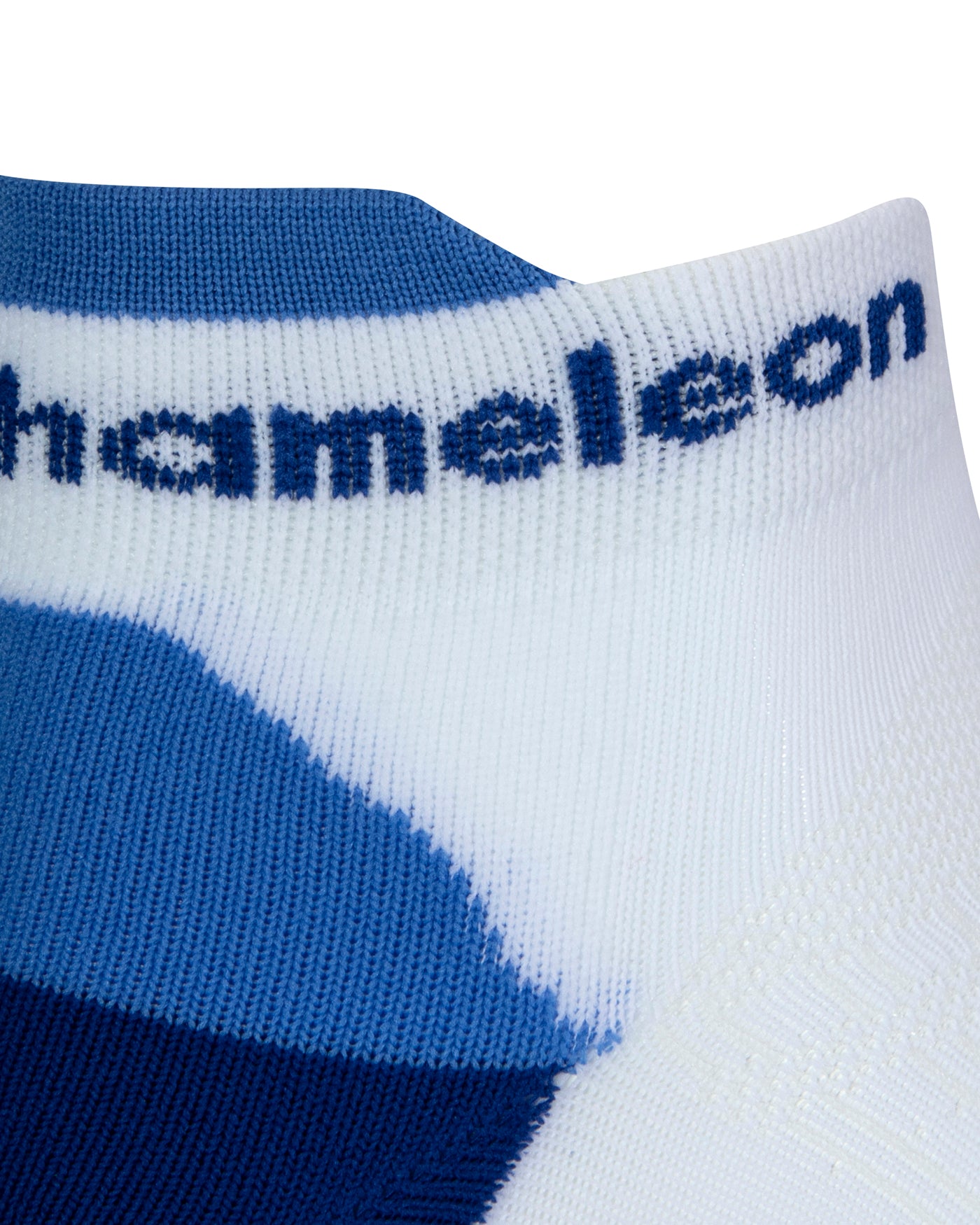 Side view of a white seamless toe sport sock with blue and royal blue cushioned lip, with royal blue Dapper Chameleon wording on the cuff.