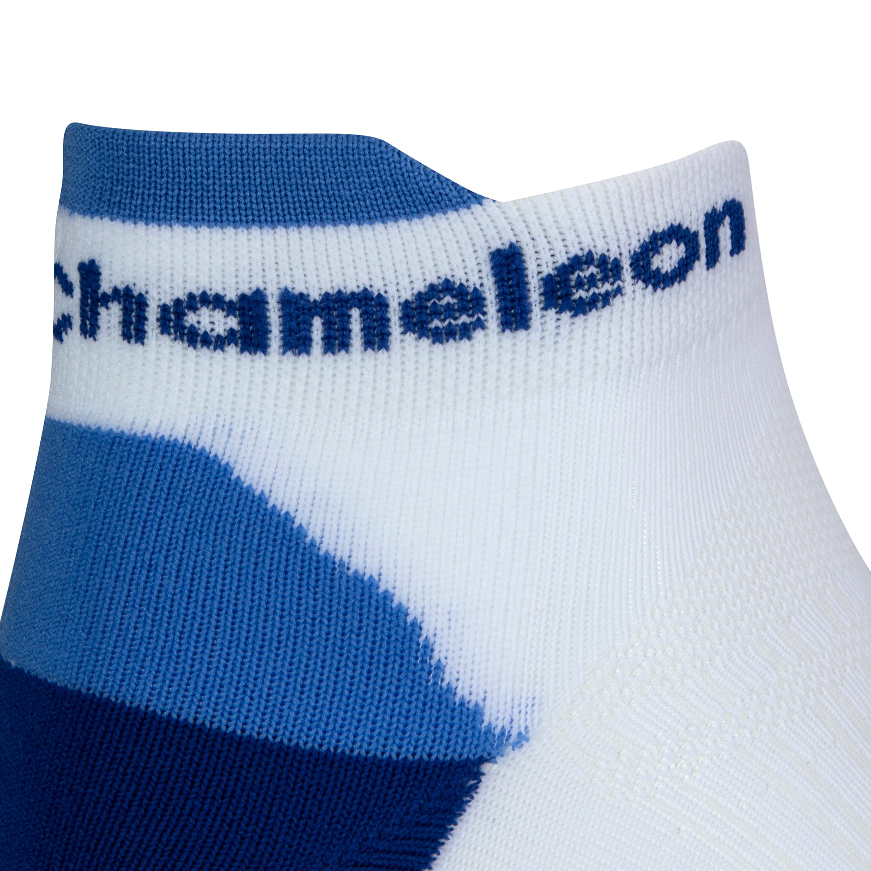Side view of a white seamless toe sport sock with blue and royal blue cushioned lip, with royal blue Dapper Chameleon wording on the cuff.