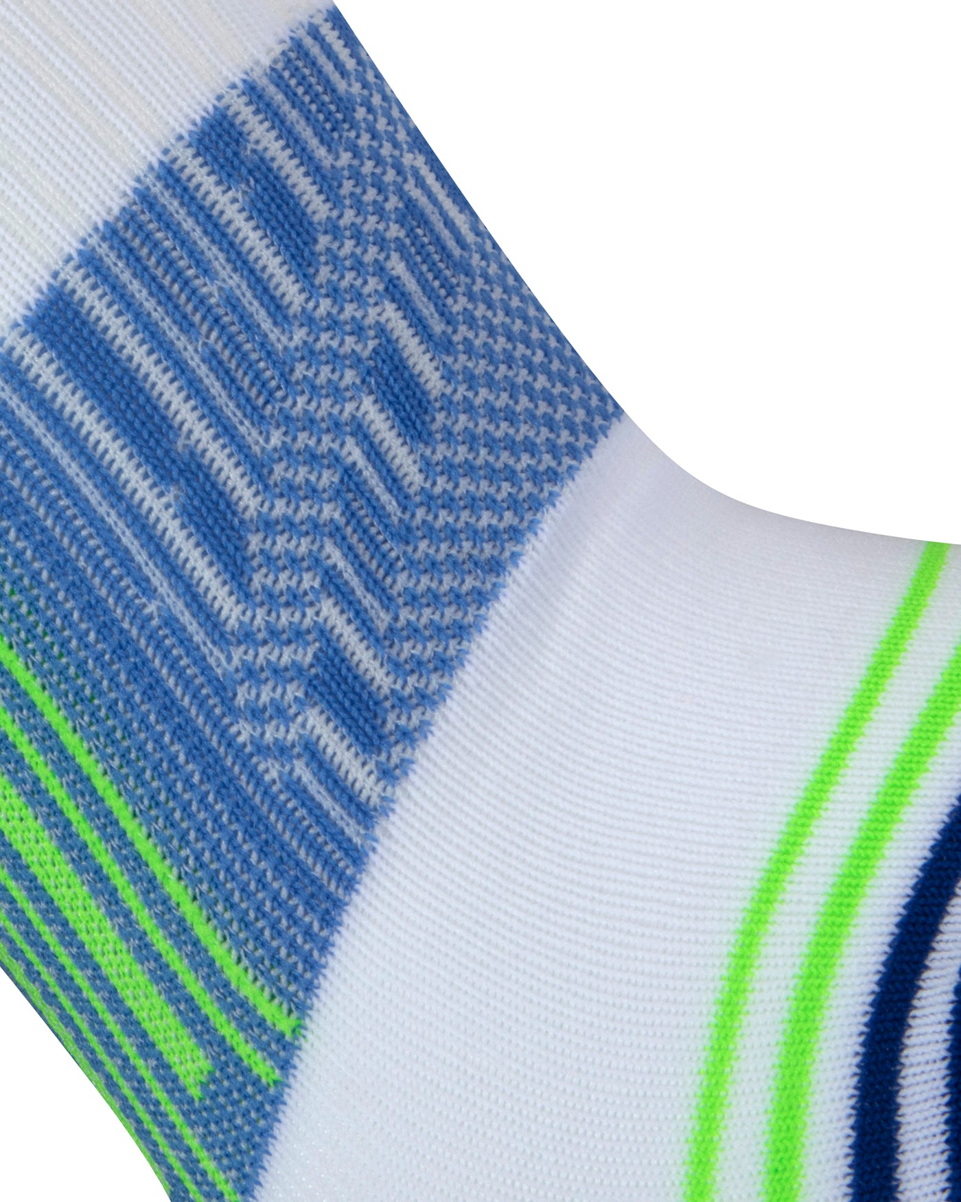 Textured view of a white seamless toe sport sock with blue and neon green stripes with a royal blue cushioned toe.
