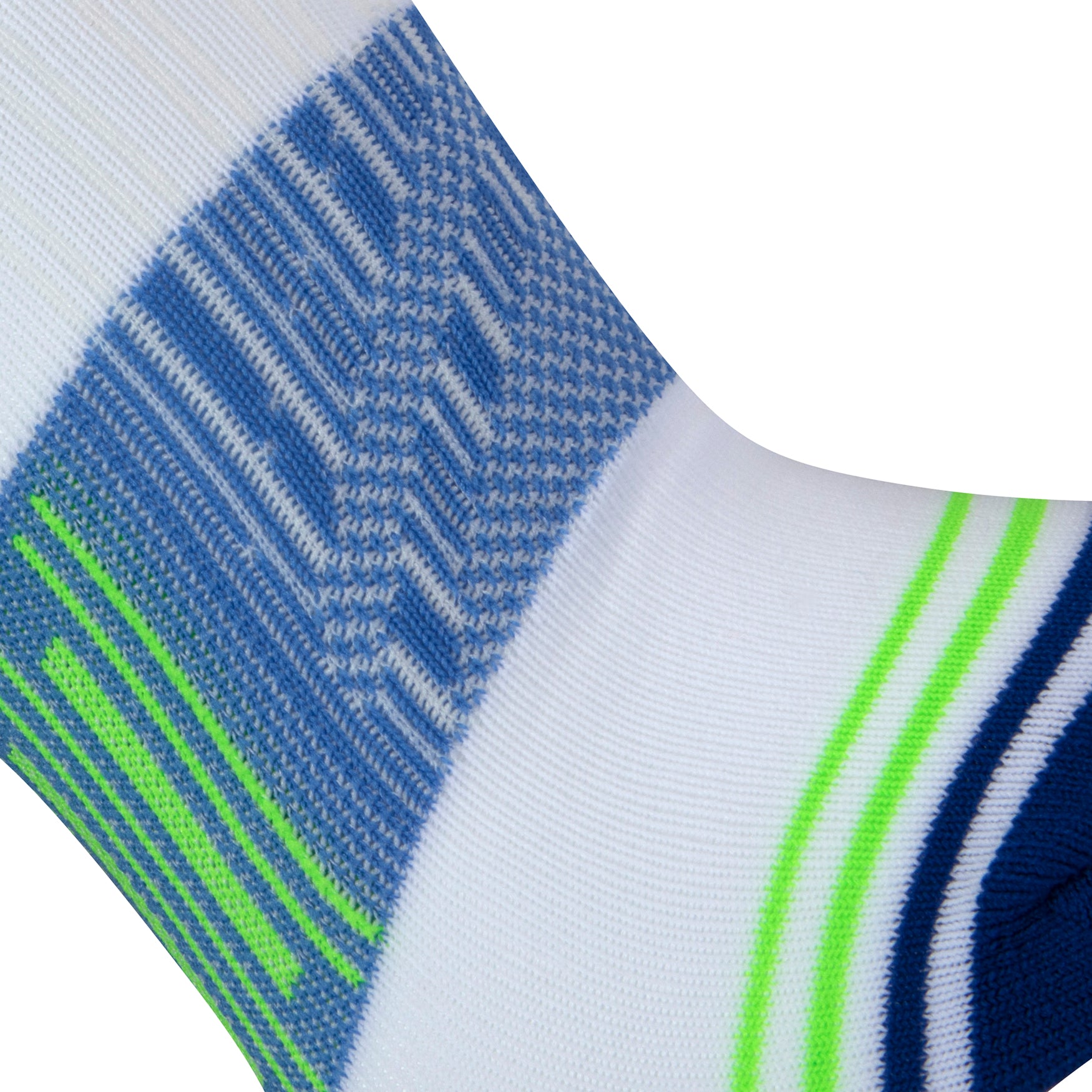 Textured view of a white seamless toe sport sock with blue and neon green stripes with a royal blue cushioned toe.