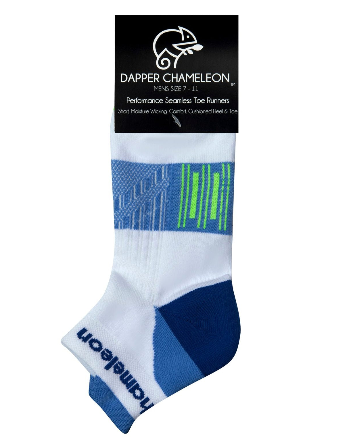Header card packaging of a white seamless toe sport sock with blue and neon green stripes with a royal blue cushioned lip, heel and toe.