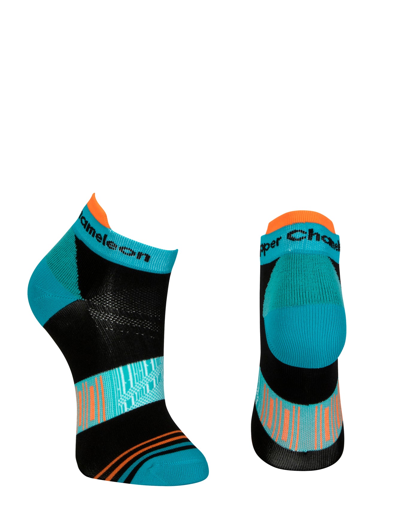 Black seamless toe sport sock with teal green and white, orange stripes with a teal green cushioned heel and toe and bright orange lip.