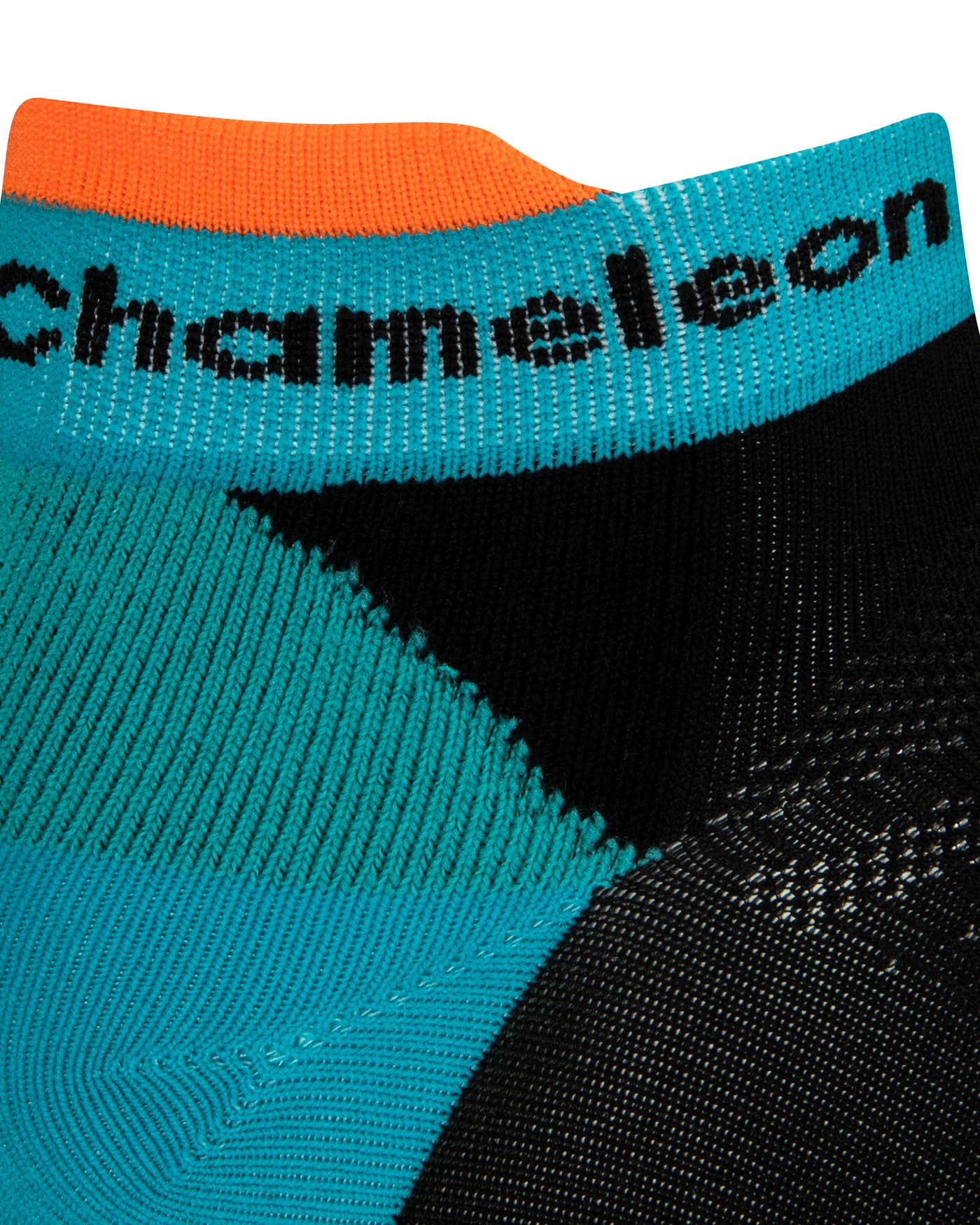 Side view of a black seamless toe sport sock with teal green cushioned heel and bright orange lip and black Dapper Chameleon wording on the cuff.