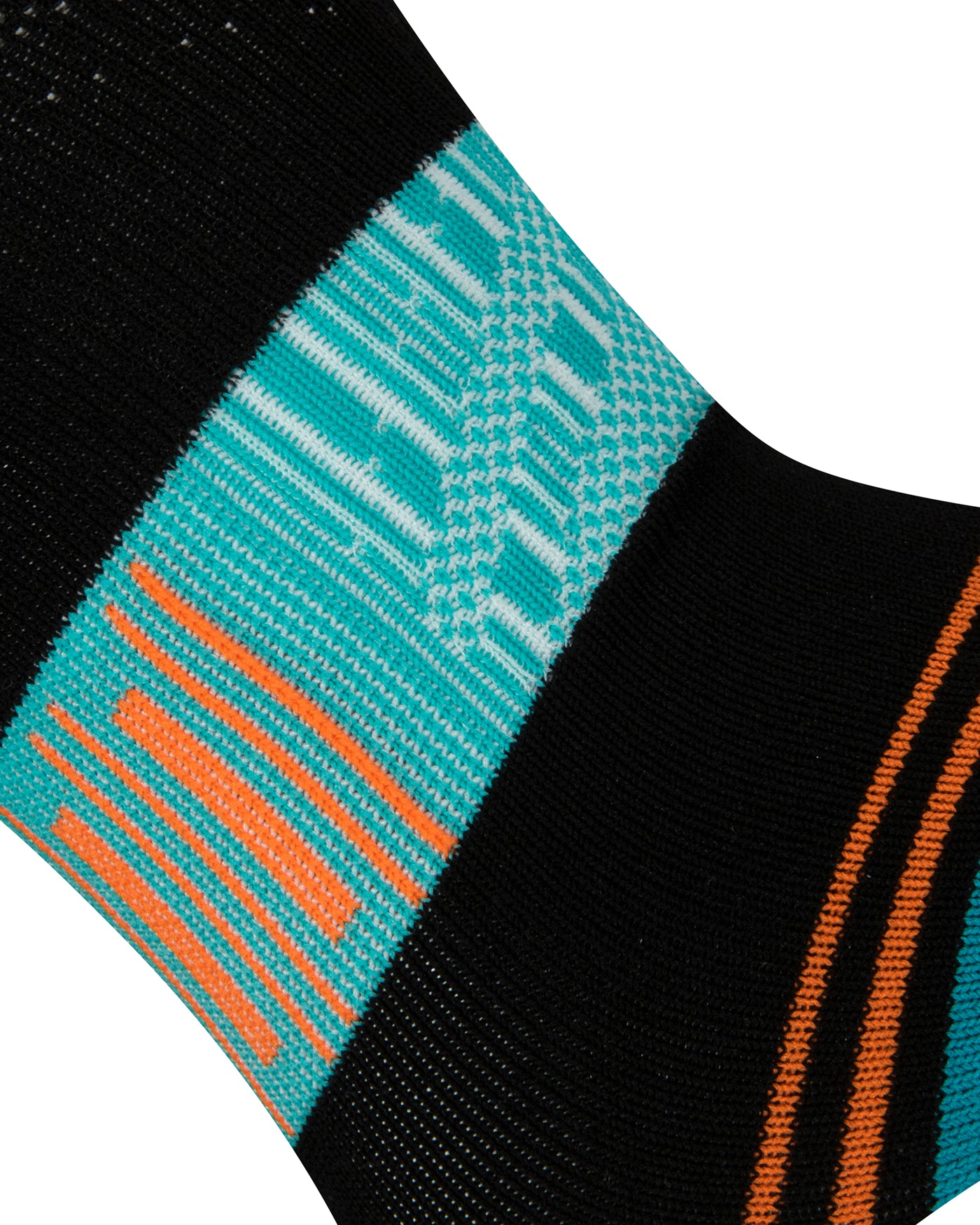 Textured view of a black seamless toe sport sock with teal green, white, orange stripes with a teal green cushioned toe.