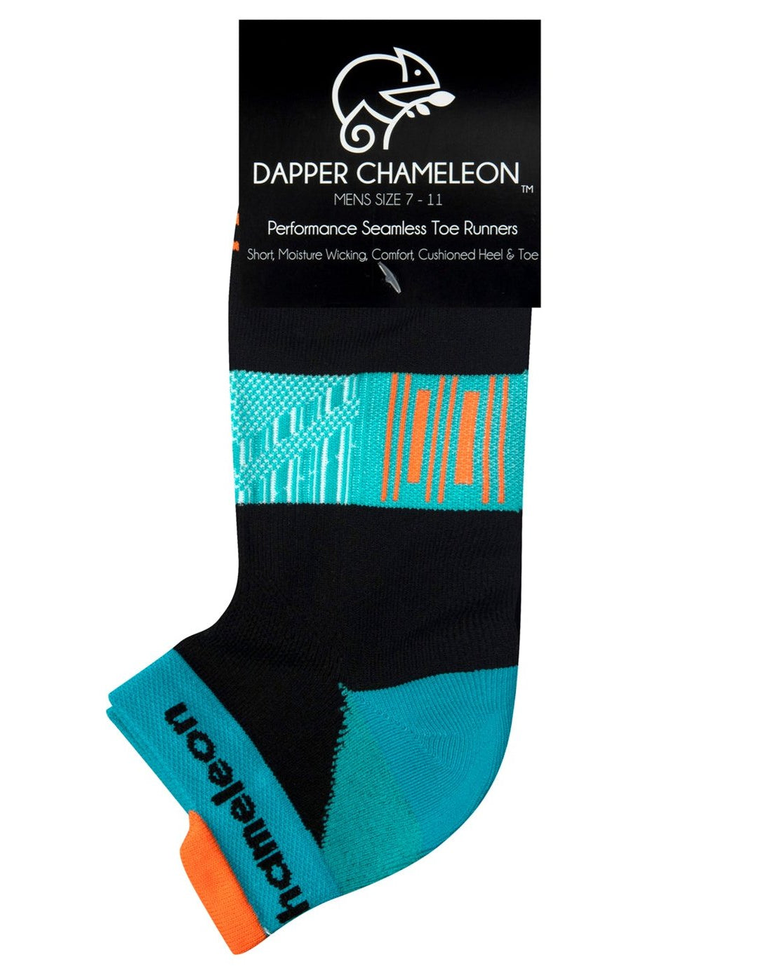 Header card packaging of a black seamless toe sport sock with teal green and white, orange stripes with a teal green cushioned heel and toe and bright orange lip.