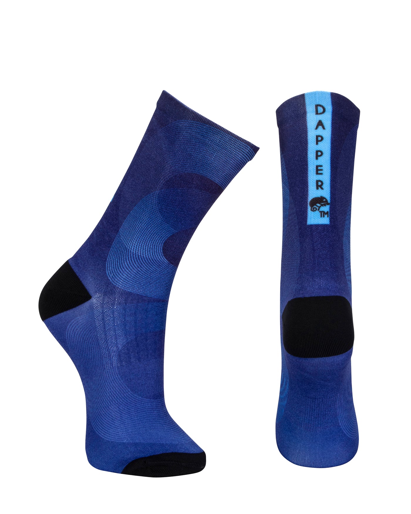 Blue seamless toe sock with abstract print and black heel and toe.
