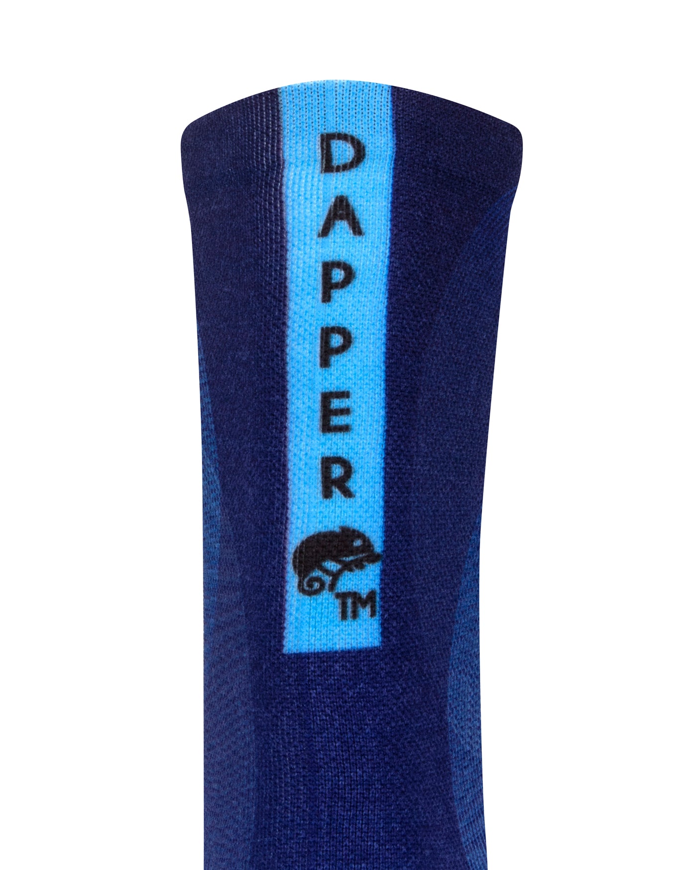 Back view of blue seamless toe sock with abstract print and a baby blue strip with Dapper Chameleon wording and logo in black.