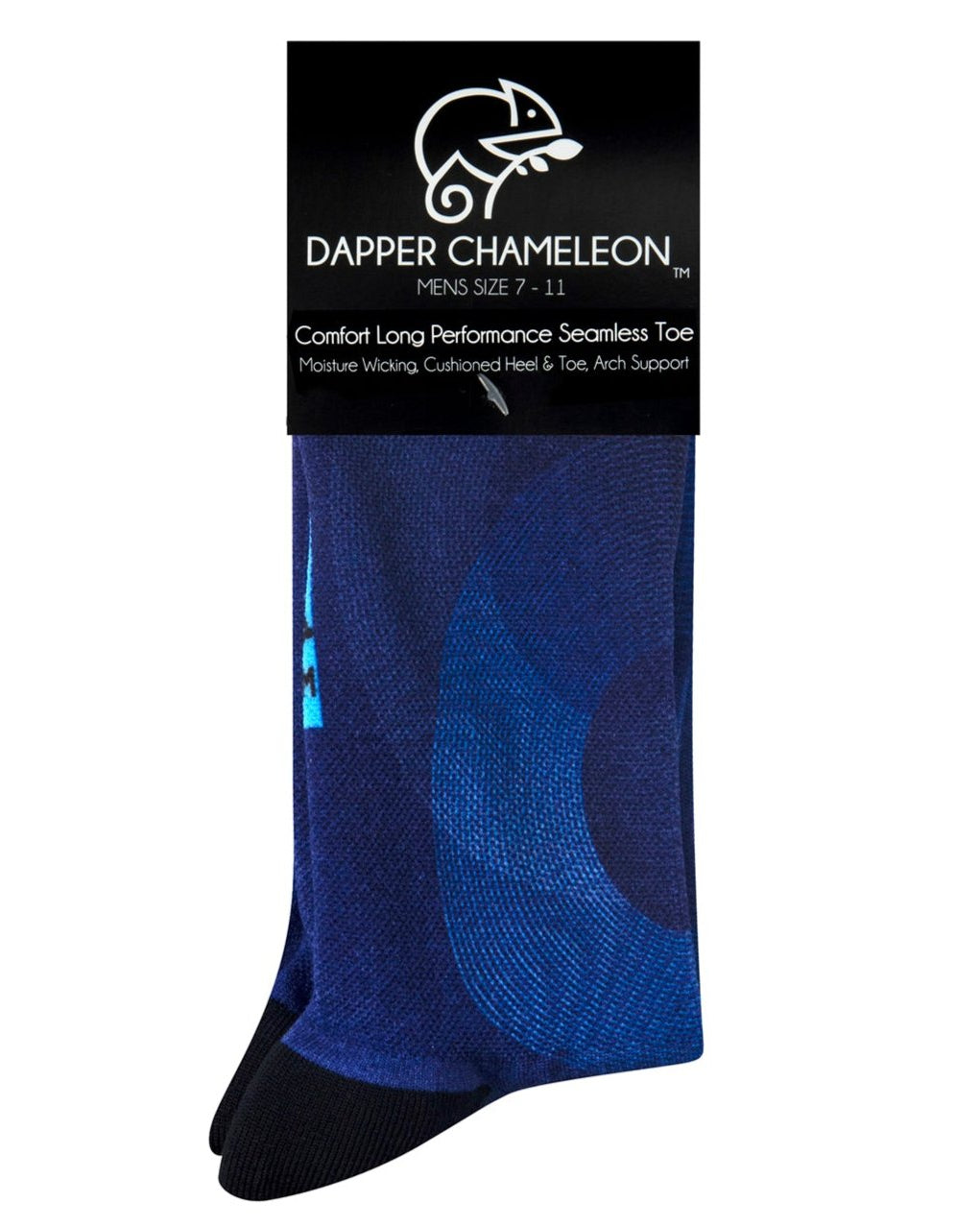 Header card packaging of the Blue Abstract Bold Active Print blue seamless toe sock with abstract print and black heel and toe.