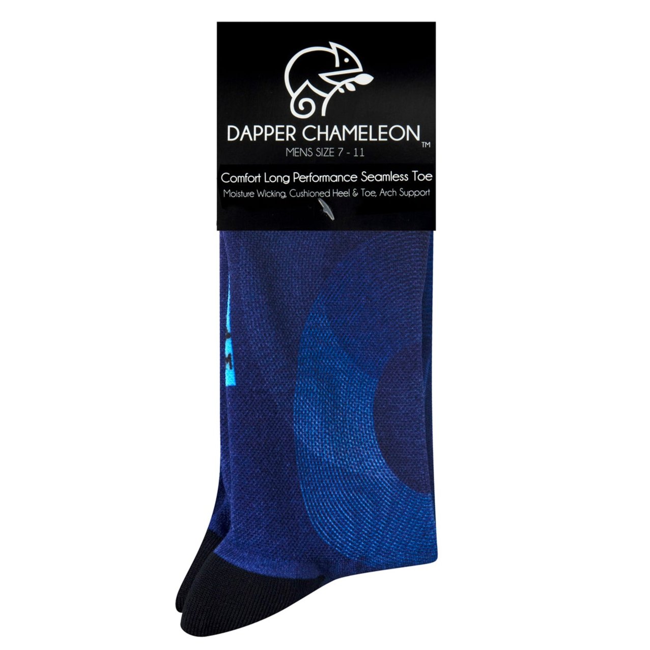 Header card packaging of the Blue Abstract Bold Active Print blue seamless toe sock with abstract print and black heel and toe.