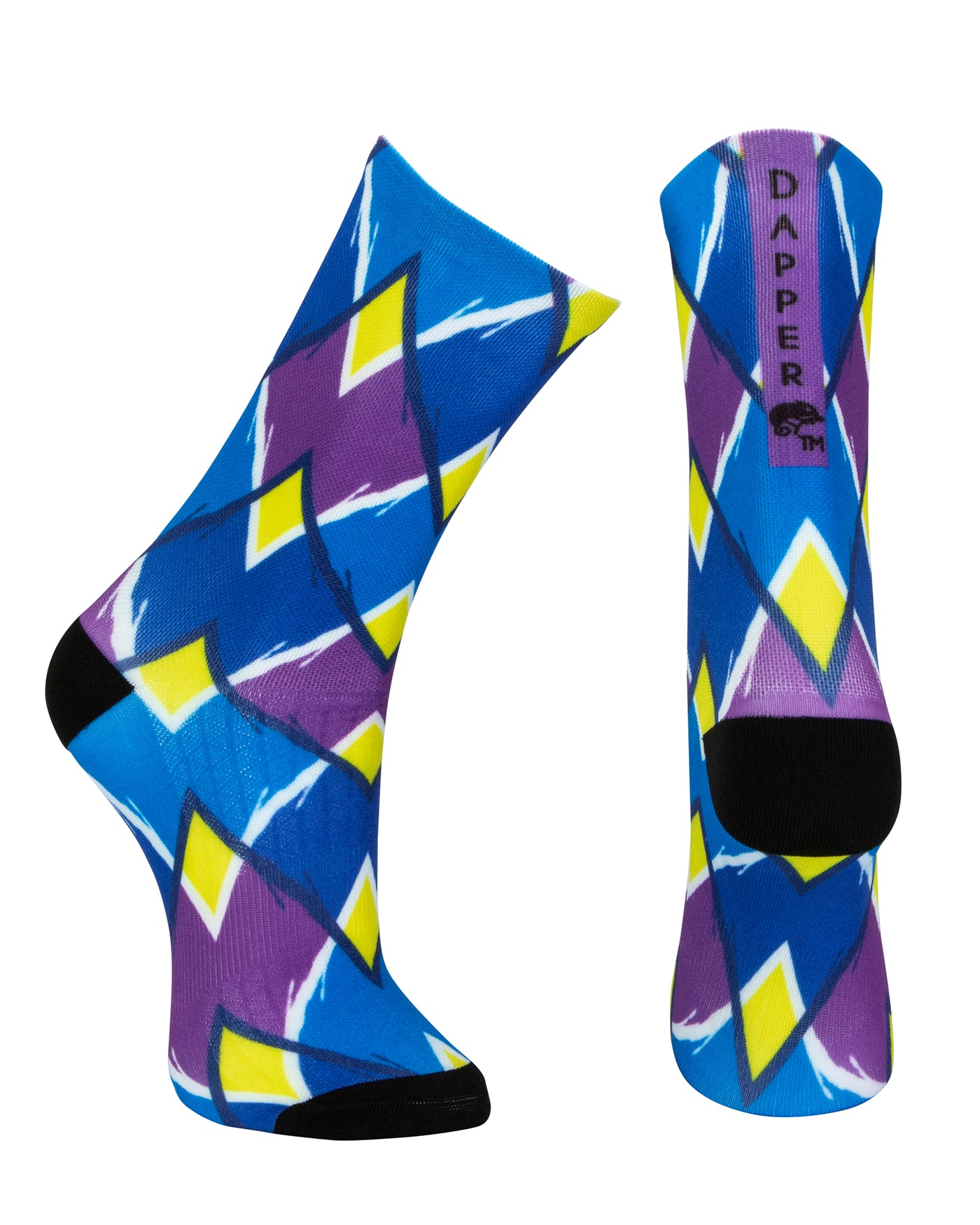 Blue seamless toe sock with blue, purple and yellow geometric print design and black heel and toe.