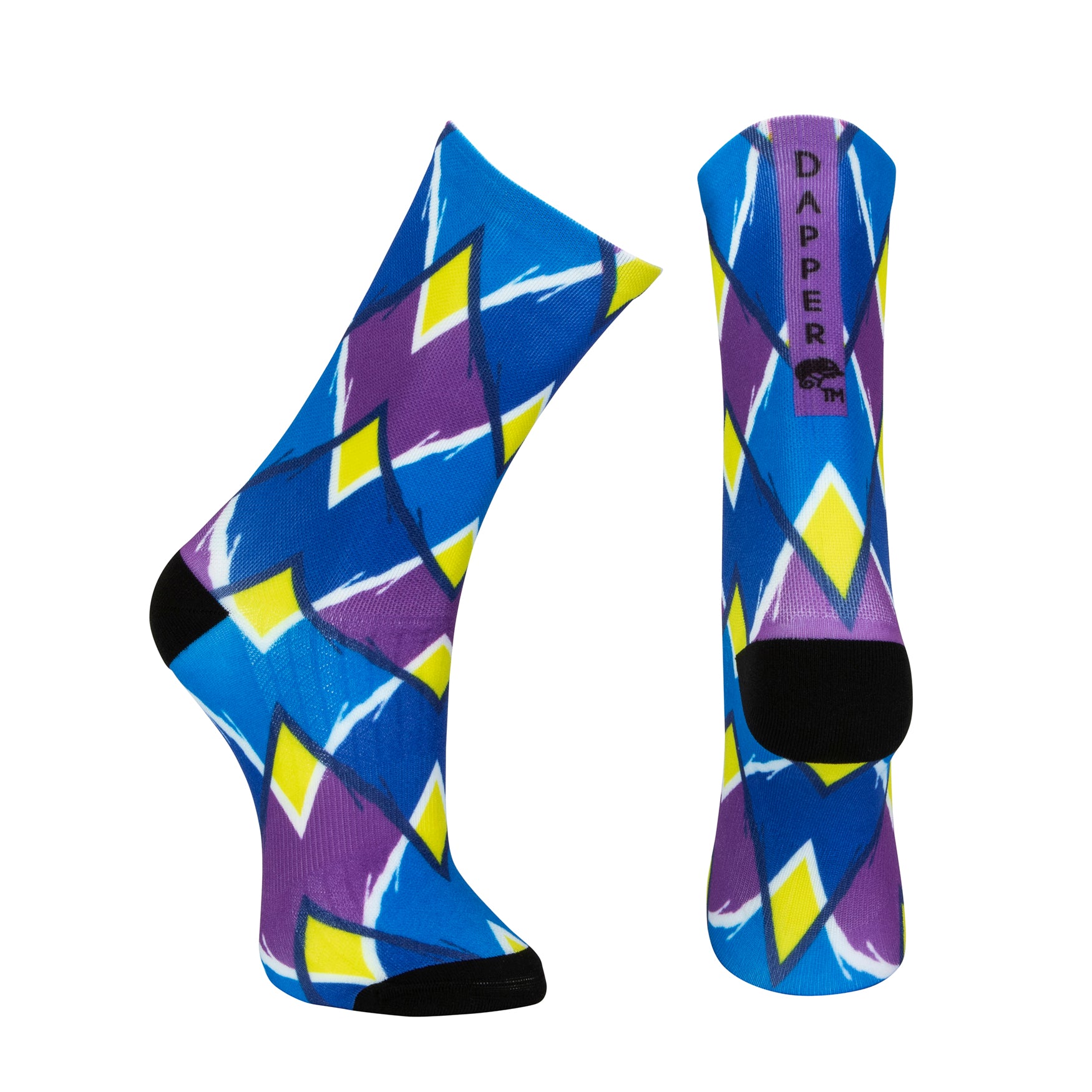 Blue seamless toe sock with blue, purple and yellow geometric print design and black heel and toe.