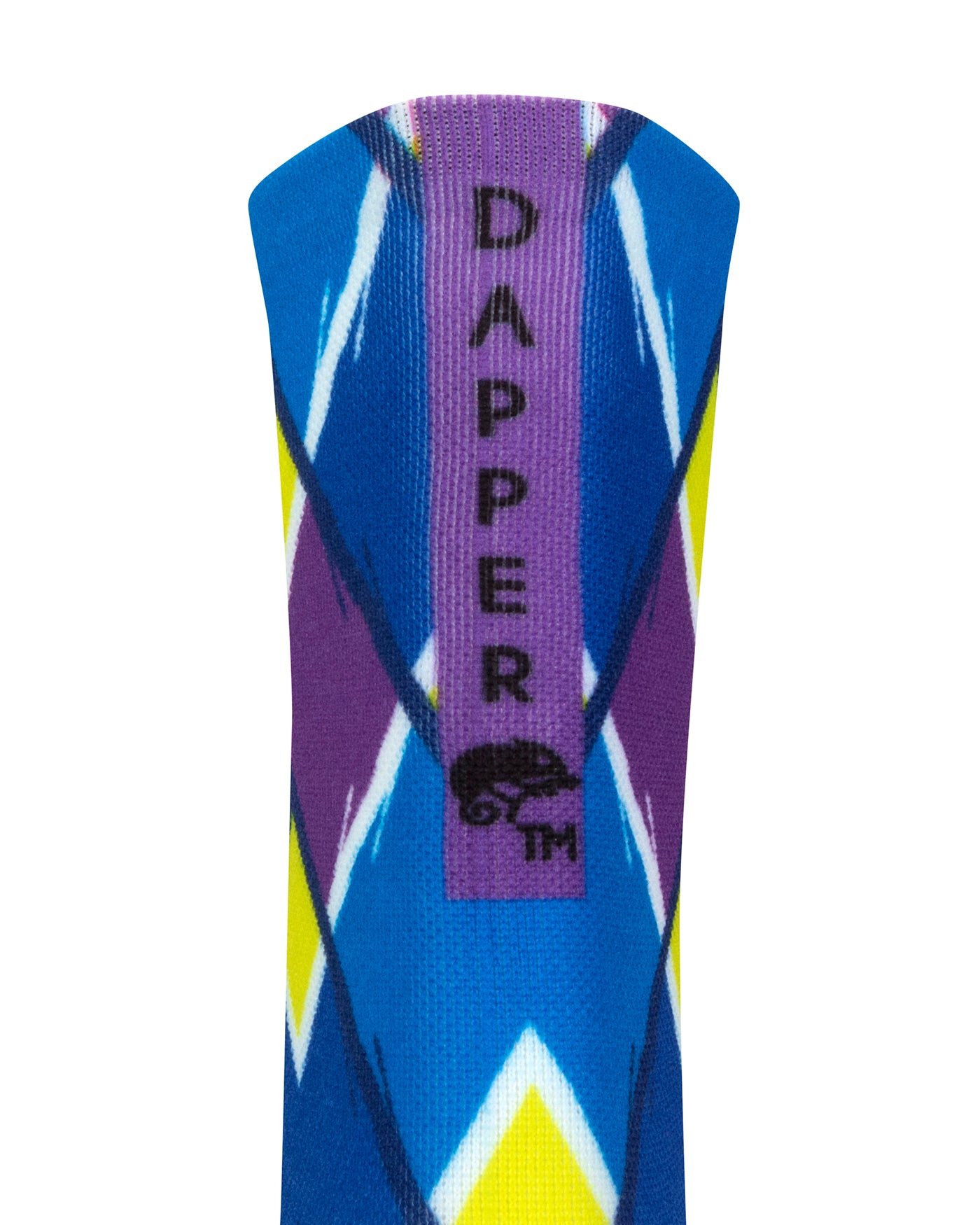 Back view of blue seamless toe sock with blue, purple and yellow geometric print design and a purple strip with Dapper Chameleon wording and logo in black.