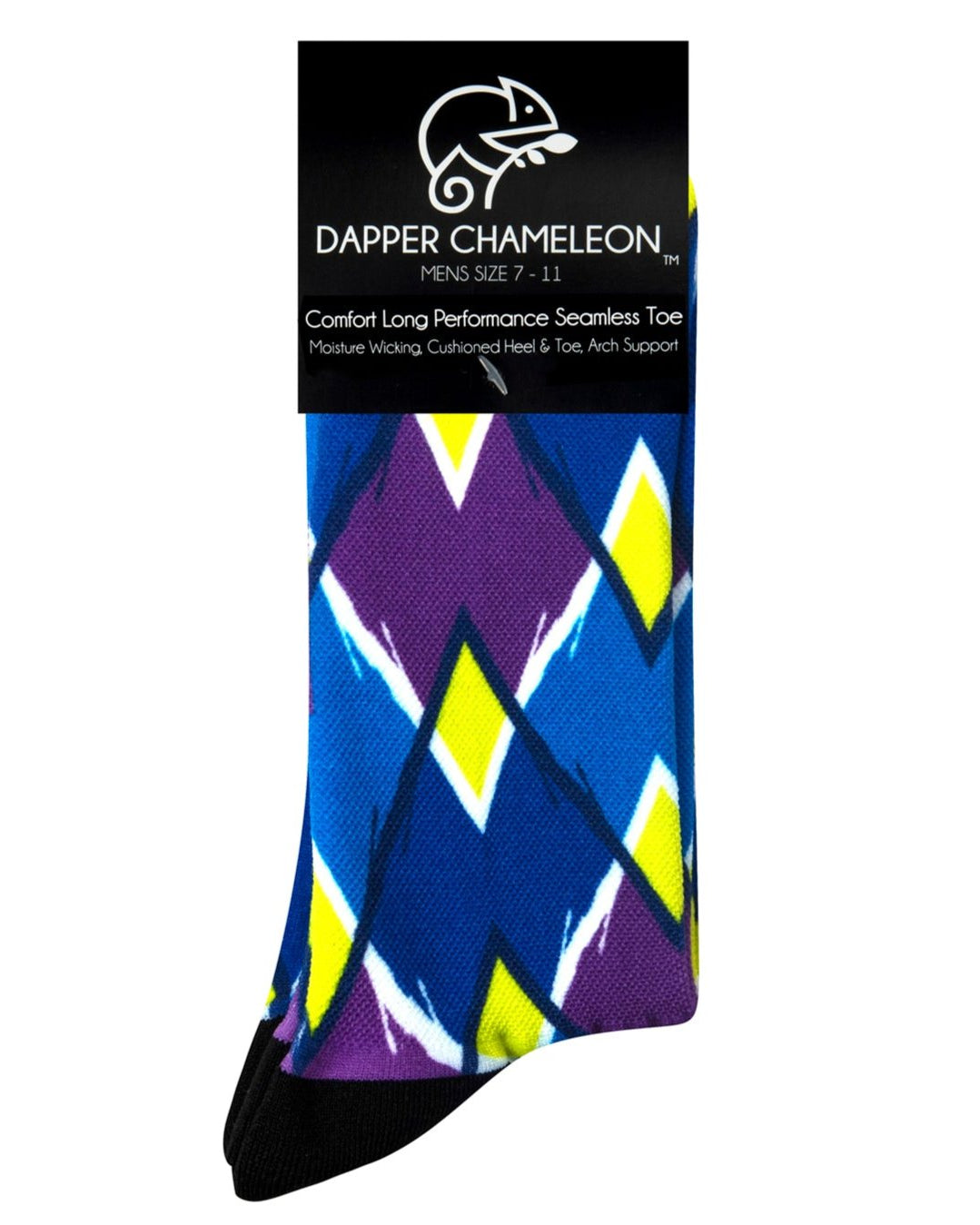 Header card packaging of the Blue Diamond Bold Active Print blue seamless toe sock blue, purple and yellow geometric print and black heel and toe.