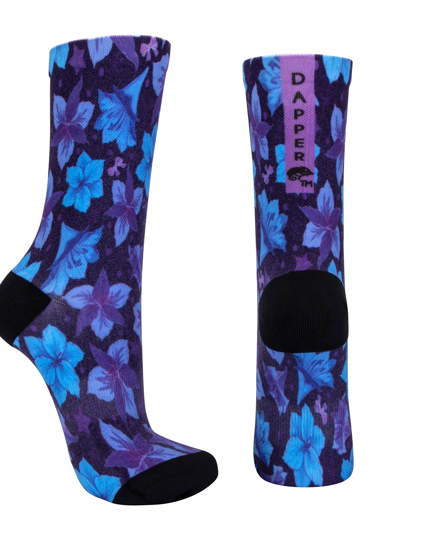 Blue seamless toe sock with blue and purple floral print design and black heel and toe.