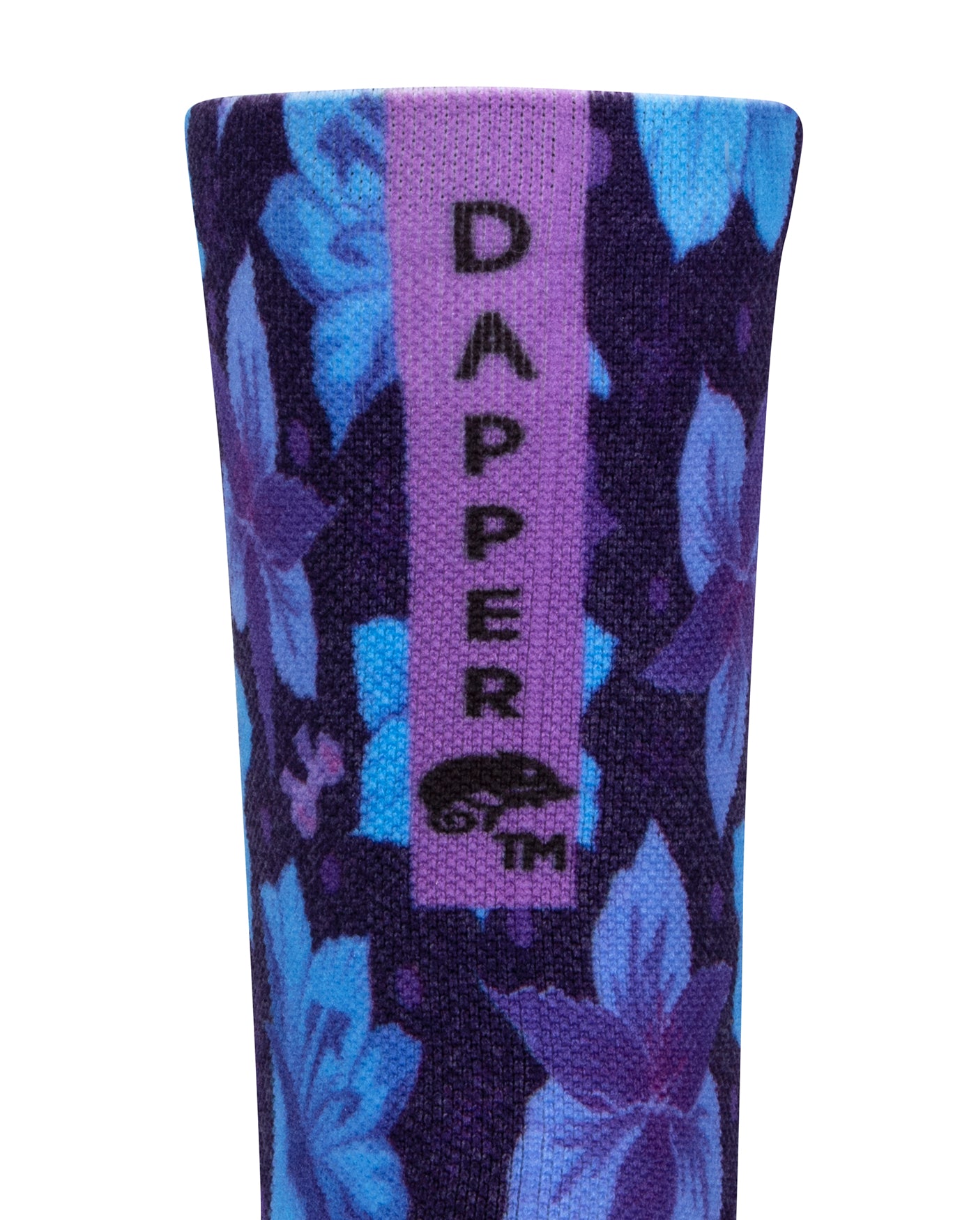 Back view of blue seamless toe sock with blue and purple floral print design and a purple strip with Dapper Chameleon wording and logo in black.