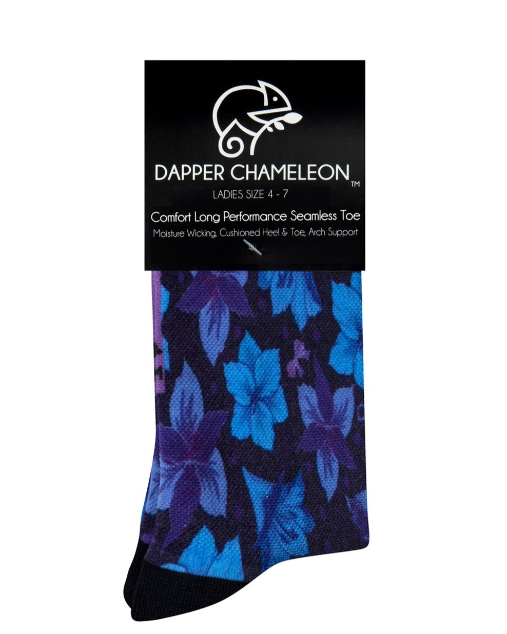 Header card packaging of the Blue Floral Bold Active Print blue Blue seamless toe sock with blue and purple floral print design and black heel and toe.